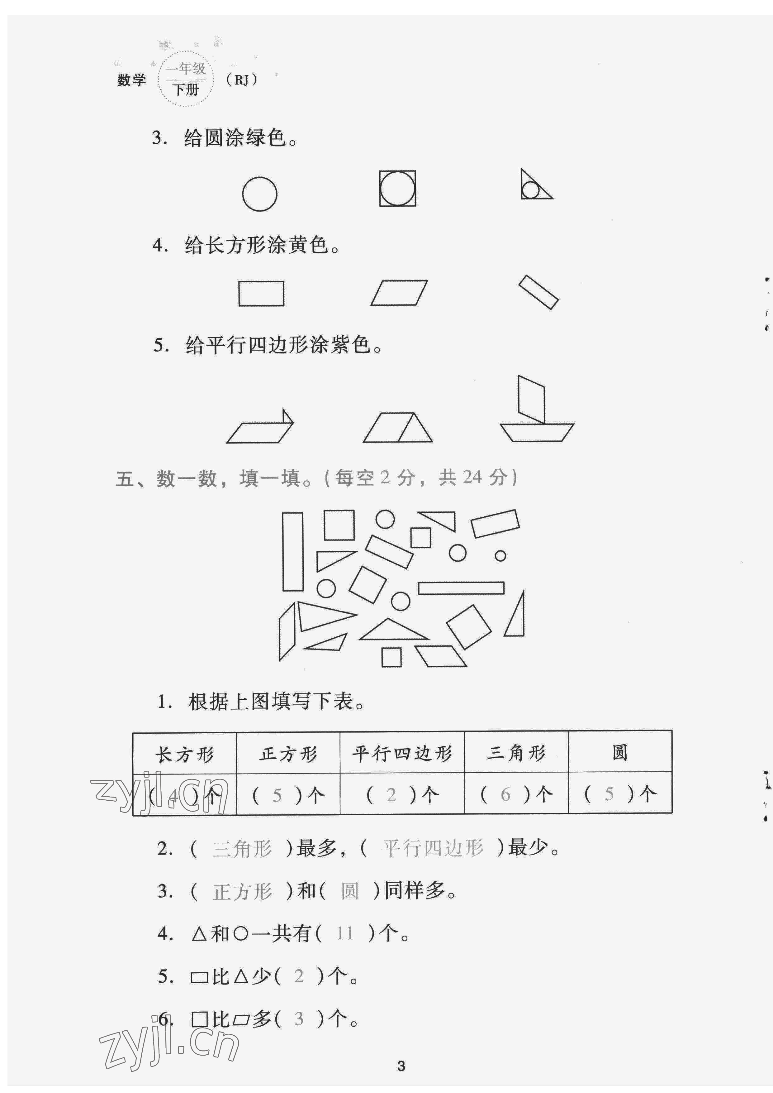 2022年云南省標(biāo)準(zhǔn)教輔同步指導(dǎo)訓(xùn)練與檢測配套測試卷一年級數(shù)學(xué)下冊人教版 第3頁