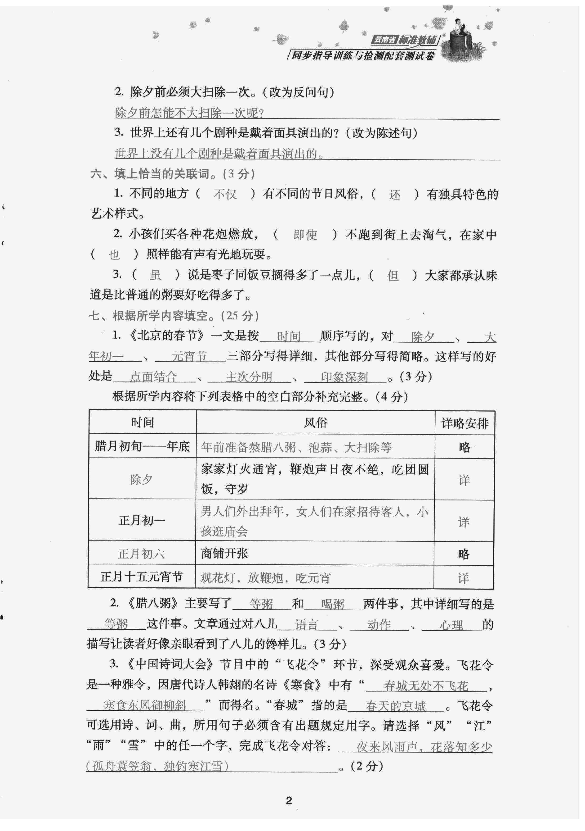 2022年云南省標準教輔同步指導訓練與檢測配套測試卷六年級語文下冊人教版 參考答案第2頁