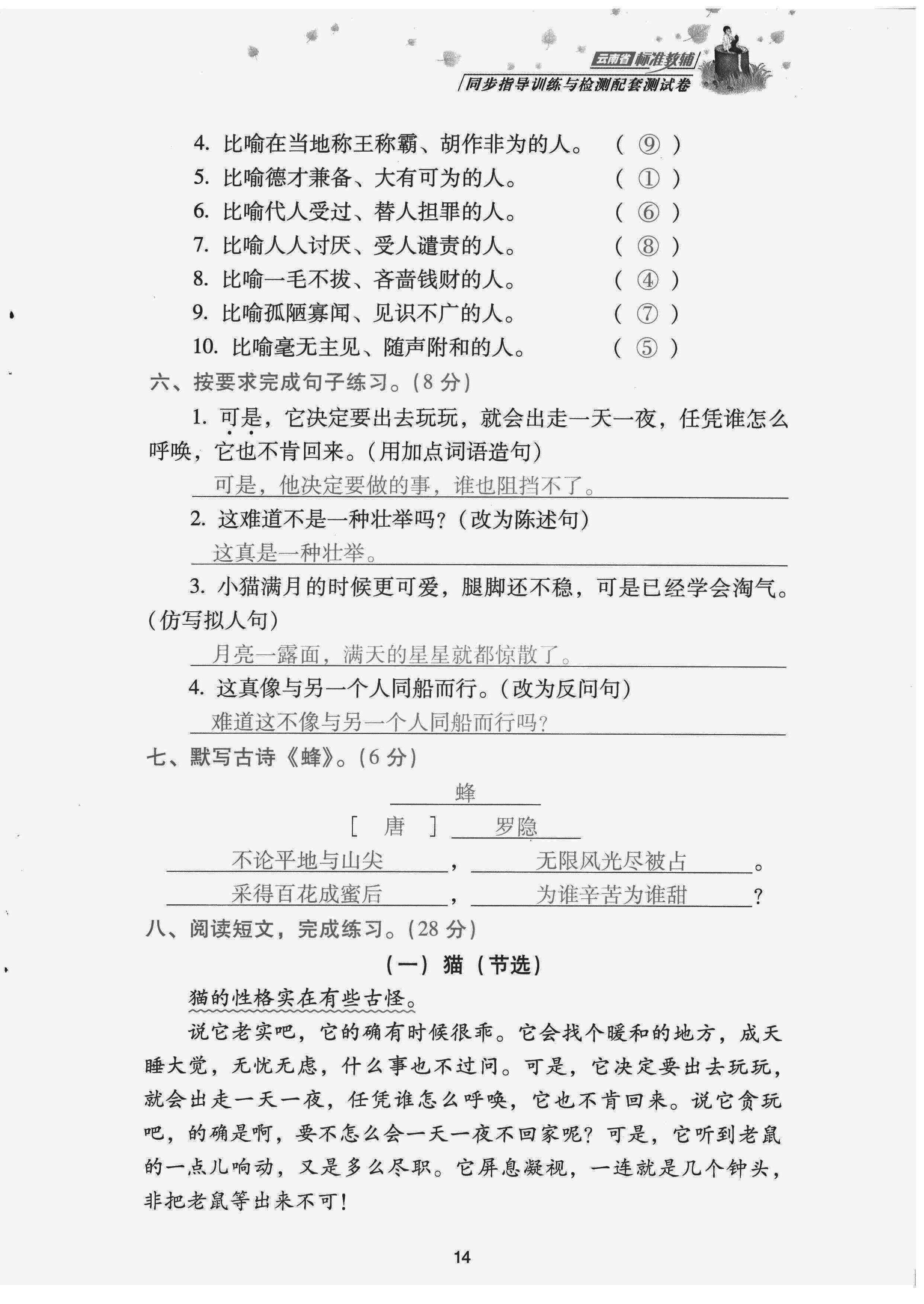 2022年云南省標(biāo)準(zhǔn)教輔同步指導(dǎo)訓(xùn)練與檢測(cè)配套測(cè)試卷四年級(jí)語文下冊(cè)人教版 第14頁