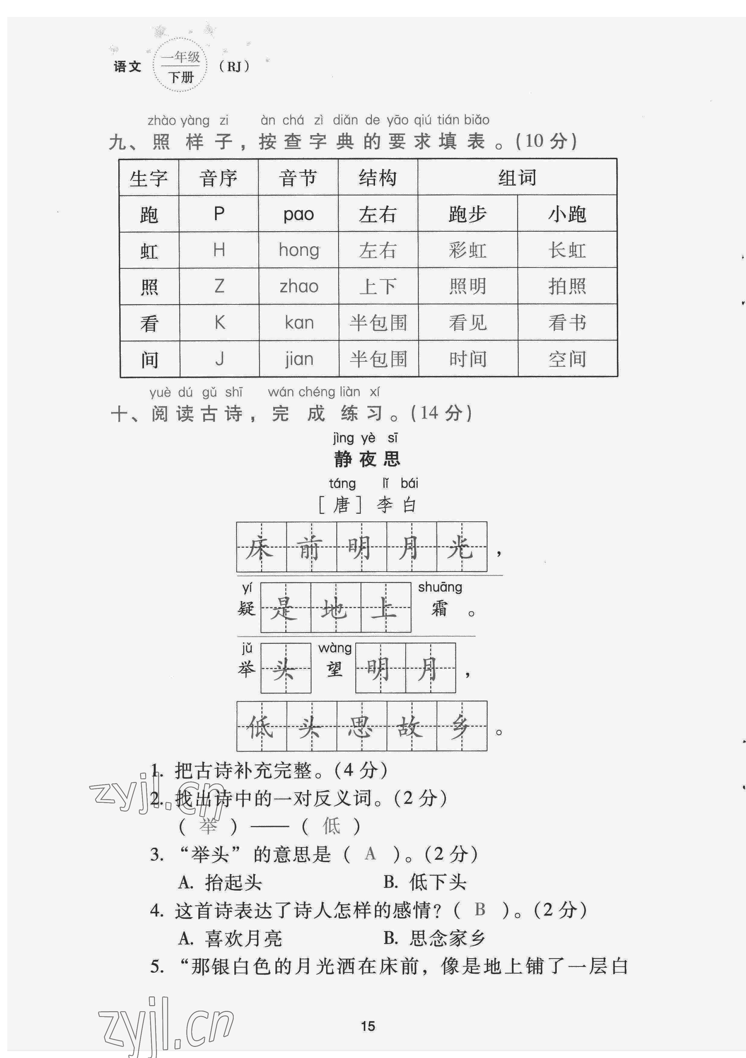 2022年云南省標(biāo)準(zhǔn)教輔同步指導(dǎo)訓(xùn)練與檢測(cè)配套測(cè)試卷一年級(jí)語(yǔ)文下冊(cè)人教版 第15頁(yè)