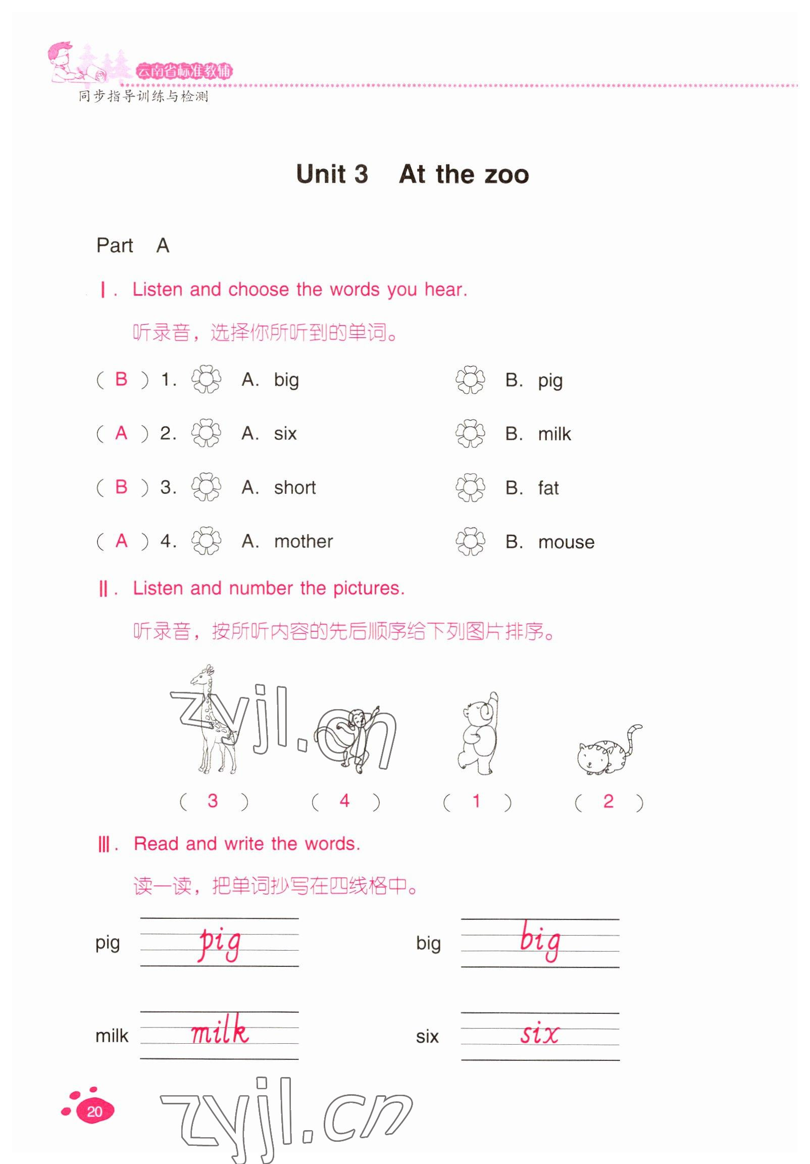 2022年云南省標(biāo)準(zhǔn)教輔同步指導(dǎo)訓(xùn)練與檢測(cè)三年級(jí)英語(yǔ)下冊(cè)人教版 參考答案第19頁(yè)