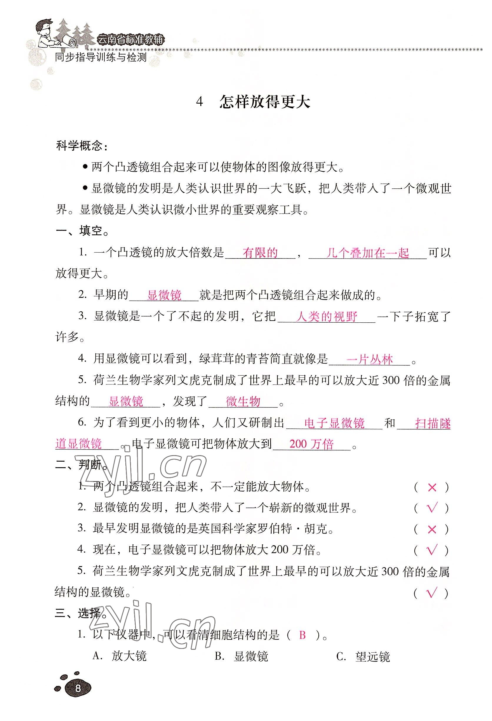 2022年云南省標準教輔同步指導(dǎo)訓練與檢測六年級科學下冊教科版 參考答案第7頁