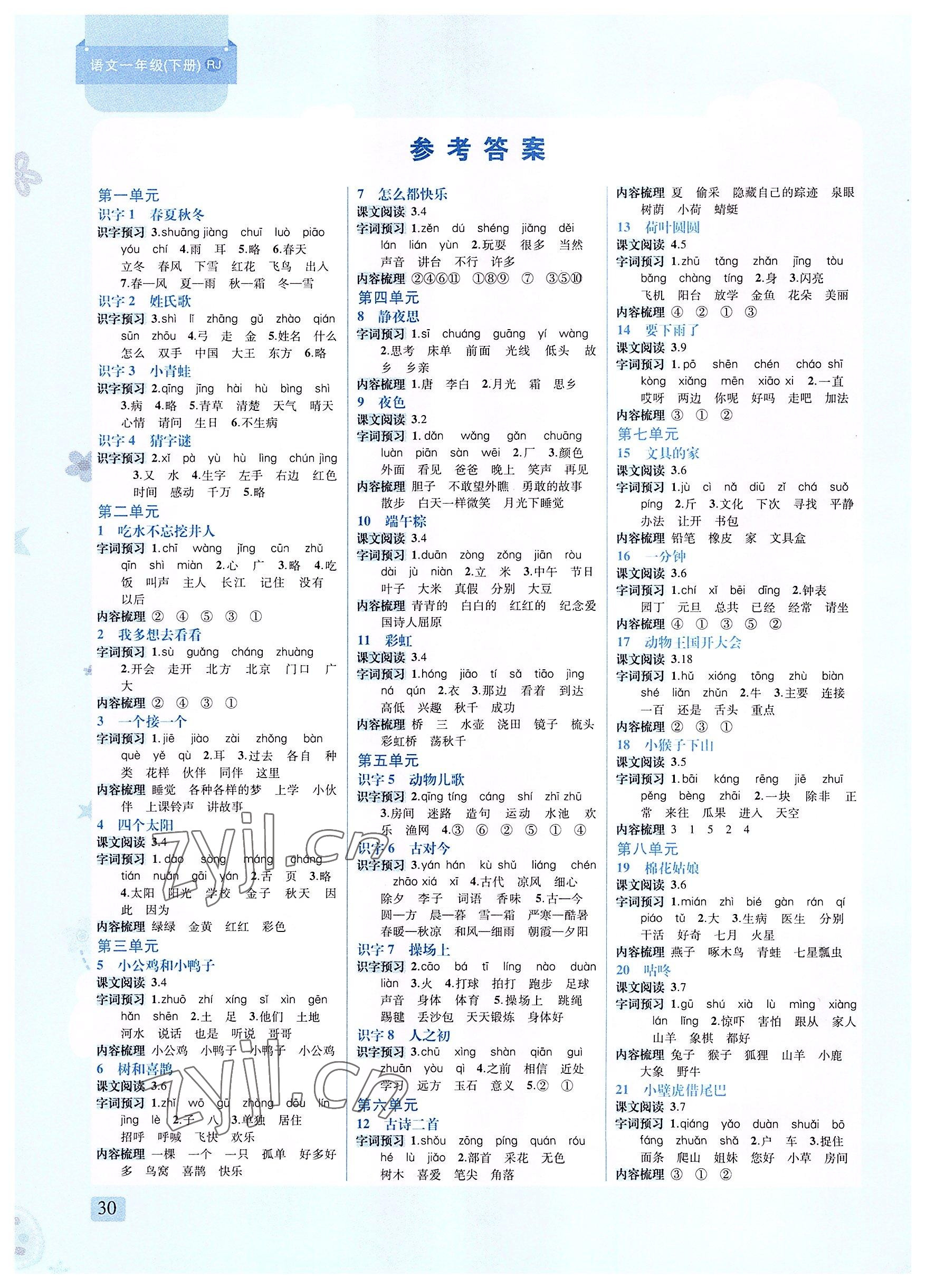 2022年創(chuàng)新名校秘題一年級語文下冊人教版 參考答案第1頁