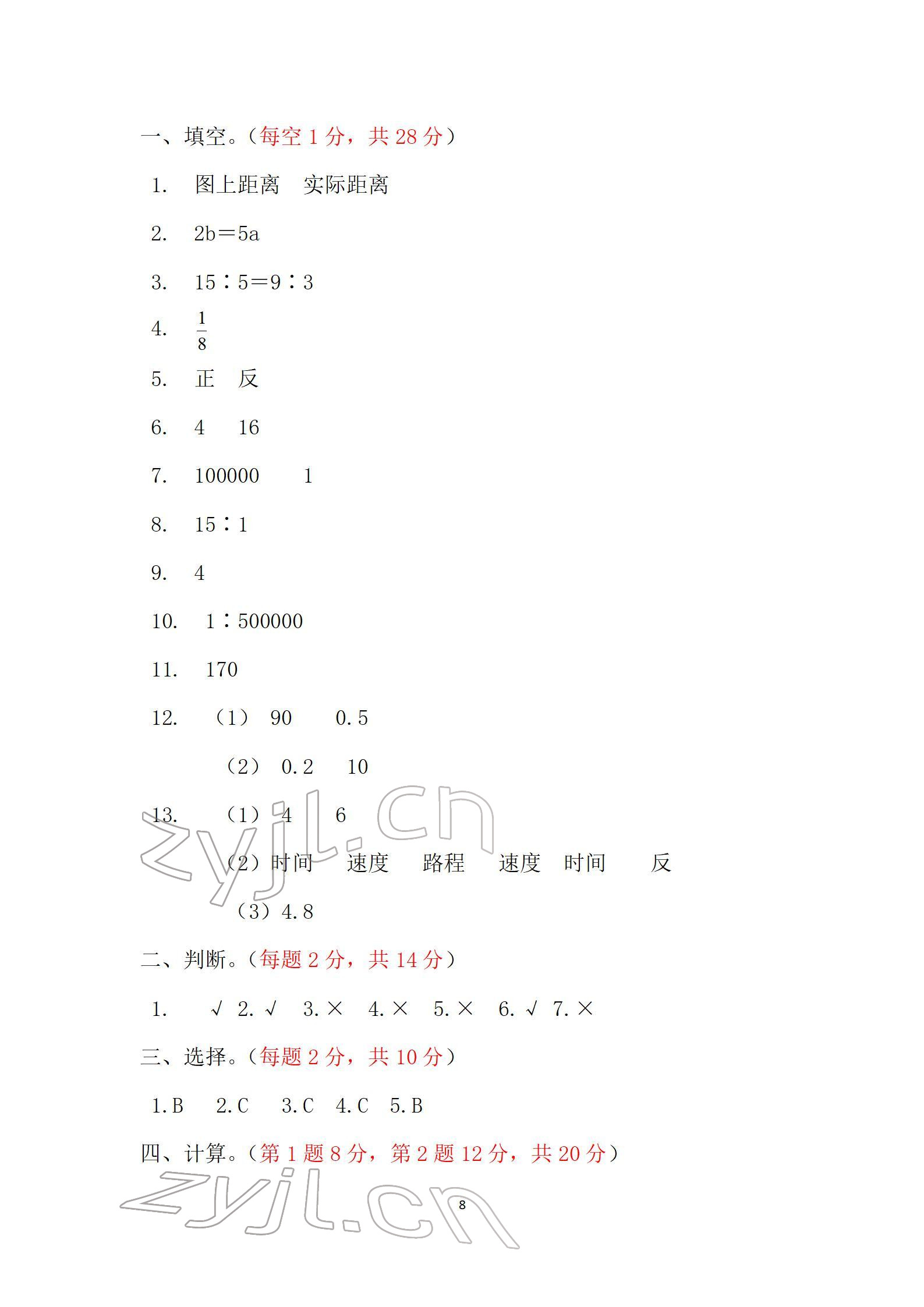 2022年單元自測試卷六年級數(shù)學(xué)下學(xué)期人教版 參考答案第8頁