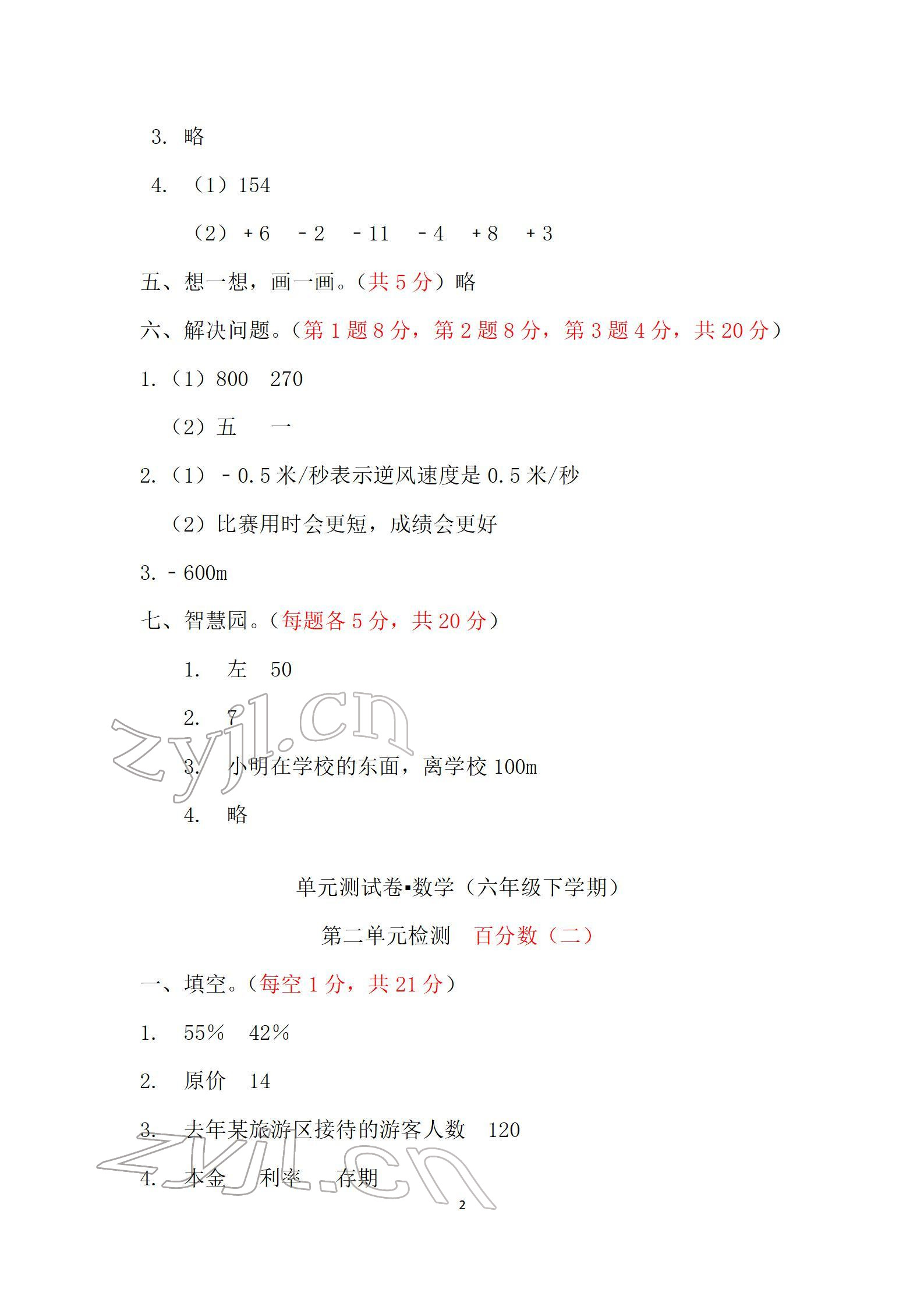 2022年單元自測試卷六年級(jí)數(shù)學(xué)下學(xué)期人教版 參考答案第2頁