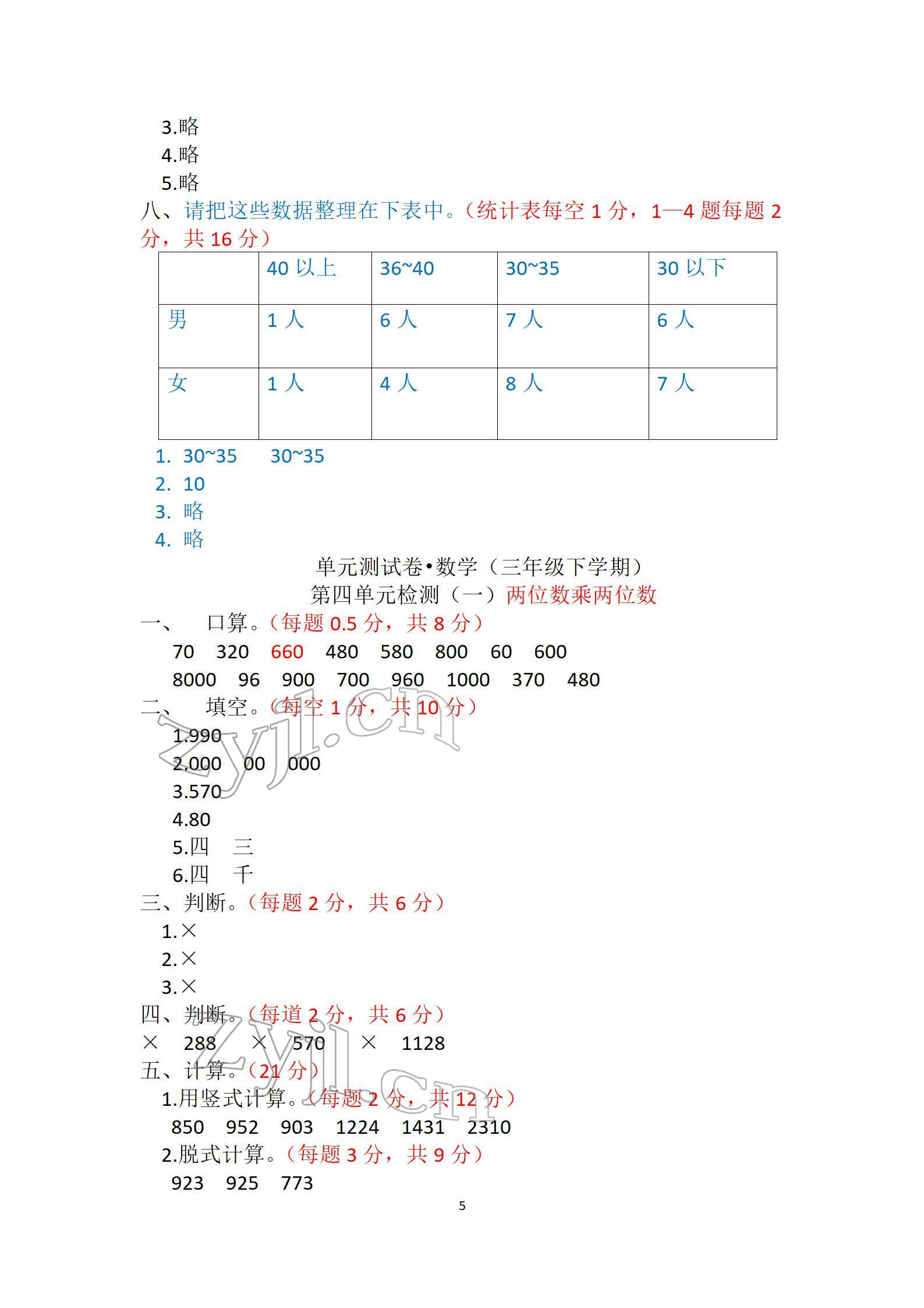 2022年單元自測(cè)試卷三年級(jí)數(shù)學(xué)下學(xué)期人教版 參考答案第5頁(yè)