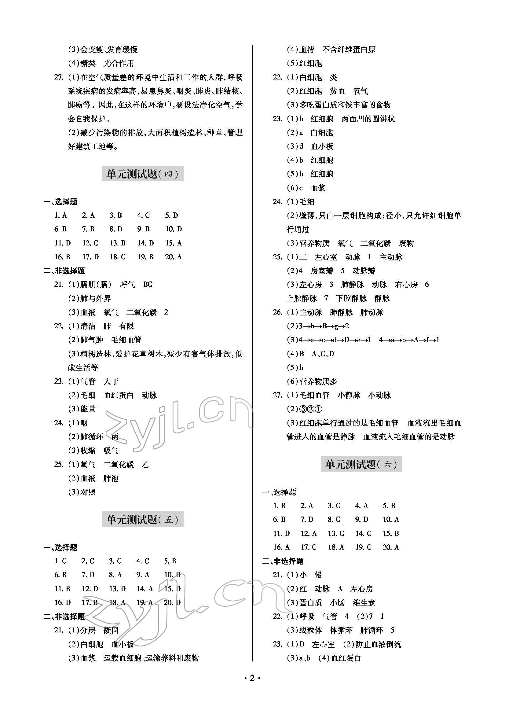 2022年單元自測試卷七年級生物下冊人教版 參考答案第2頁