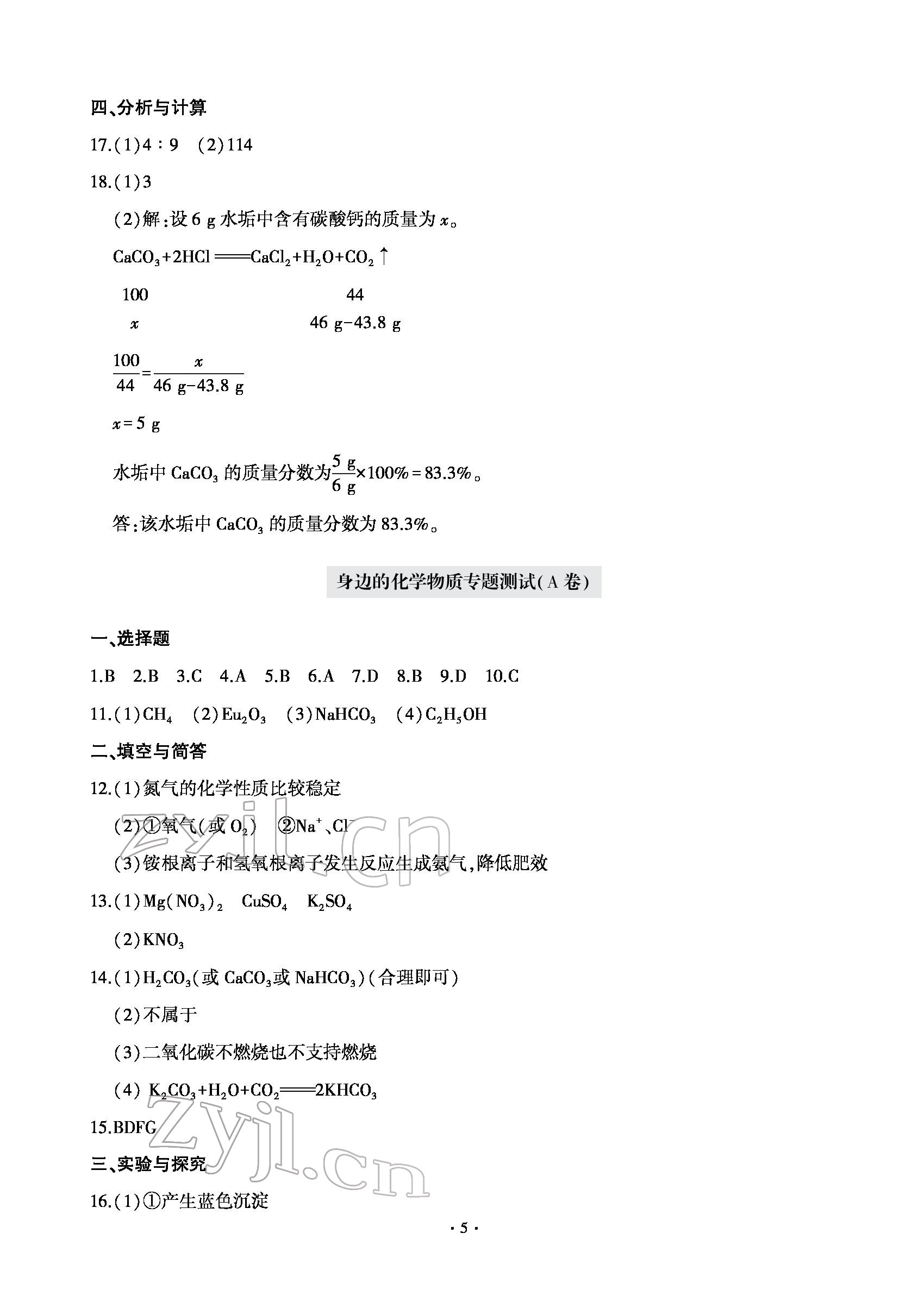 2022年测试卷九年级化学下册青岛出版社 参考答案第5页