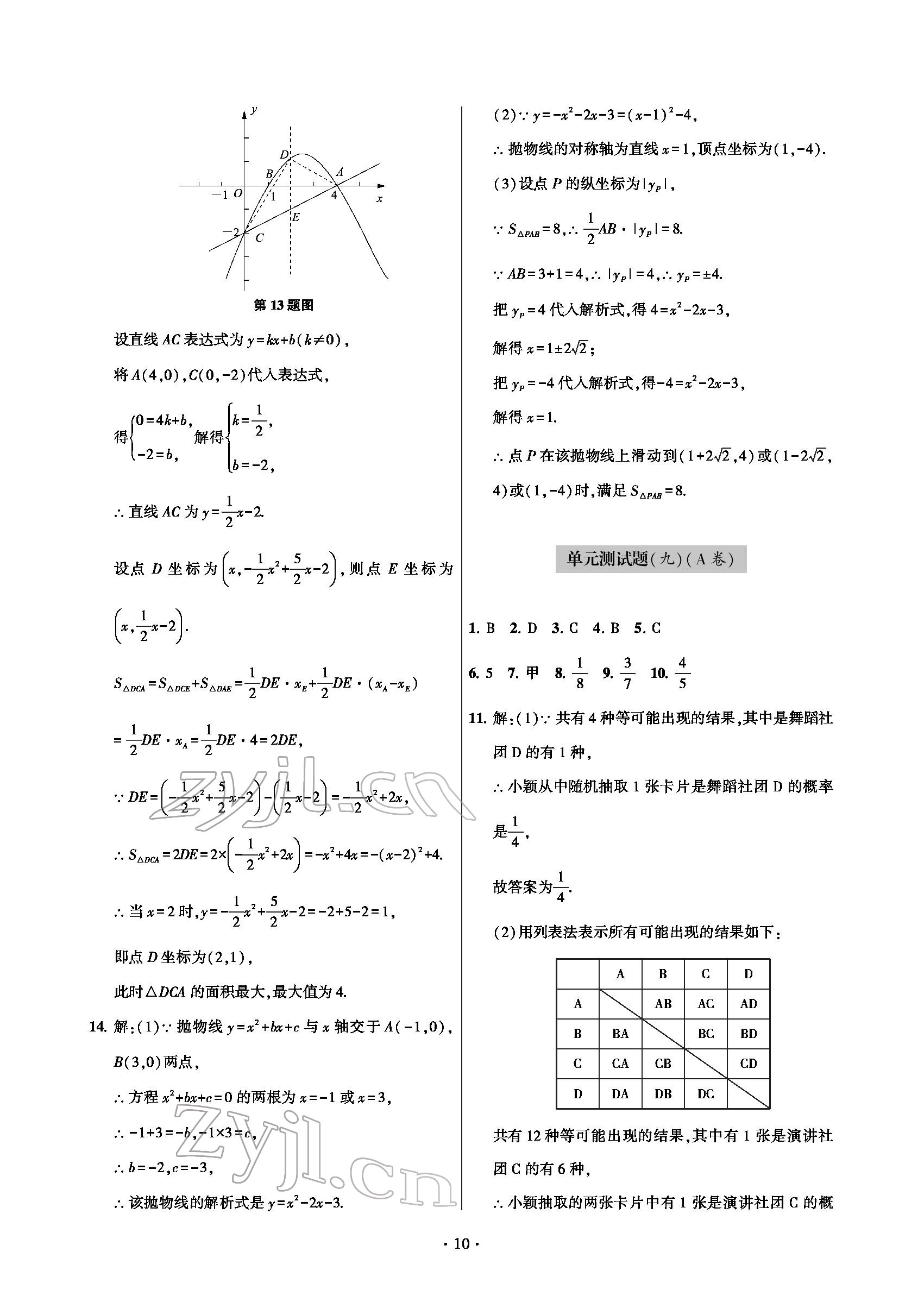 2022年测试卷九年级数学下册人教版青岛出版社 参考答案第10页