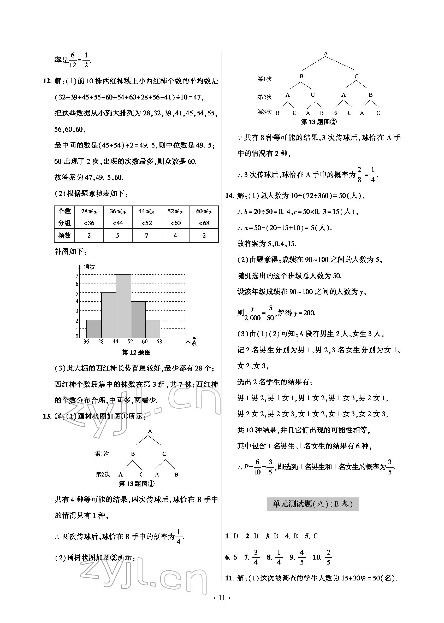 2022年测试卷九年级数学下册人教版青岛出版社 参考答案第11页