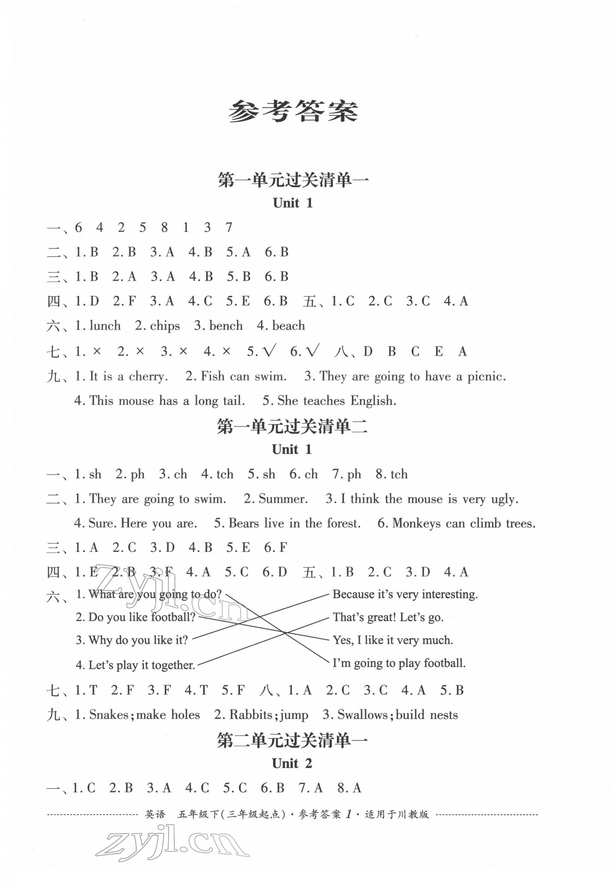 2022年過關清單四川教育出版社五年級英語下冊川教版 參考答案第1頁