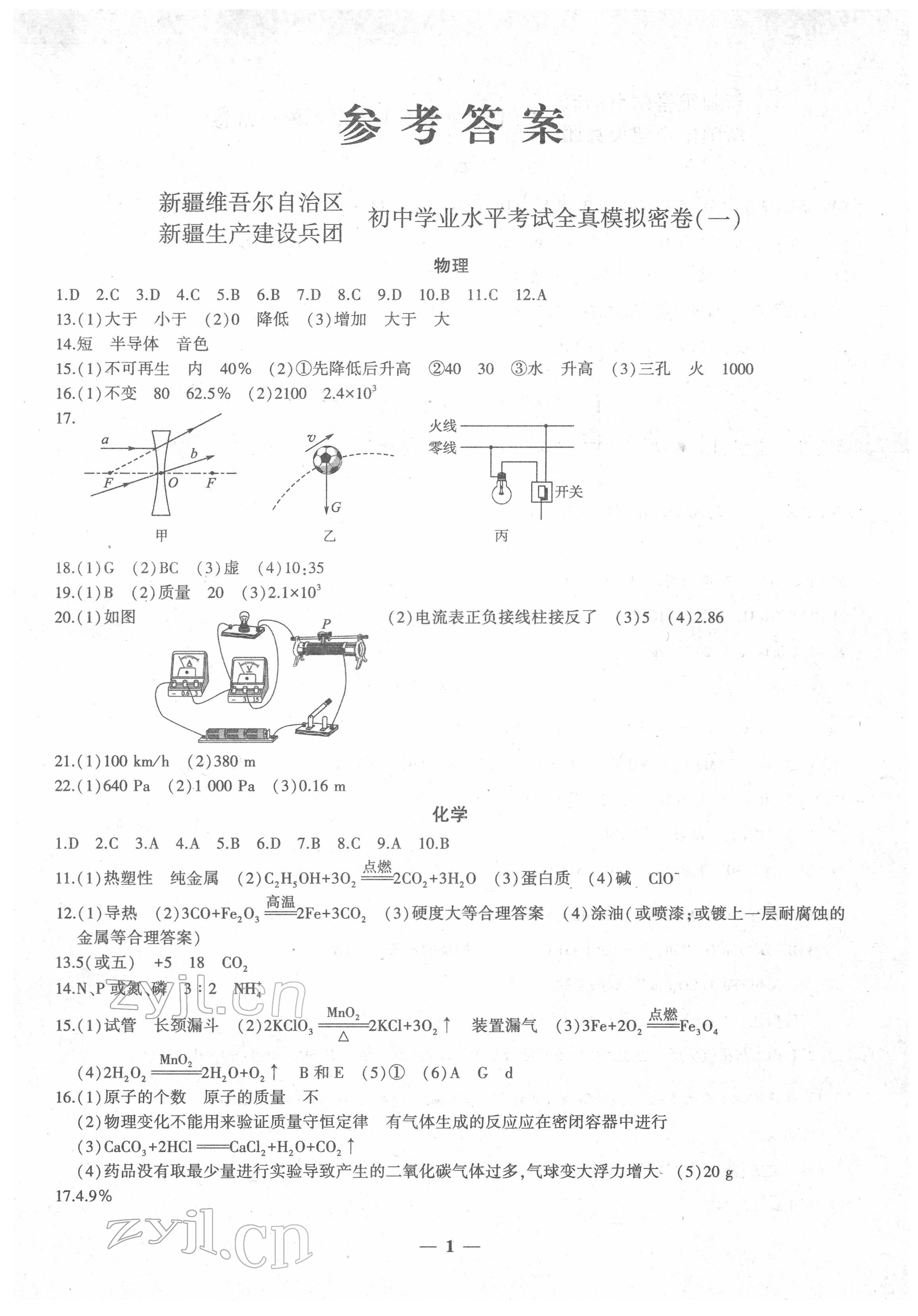 2022年中考密卷物理化學新疆專版 第1頁