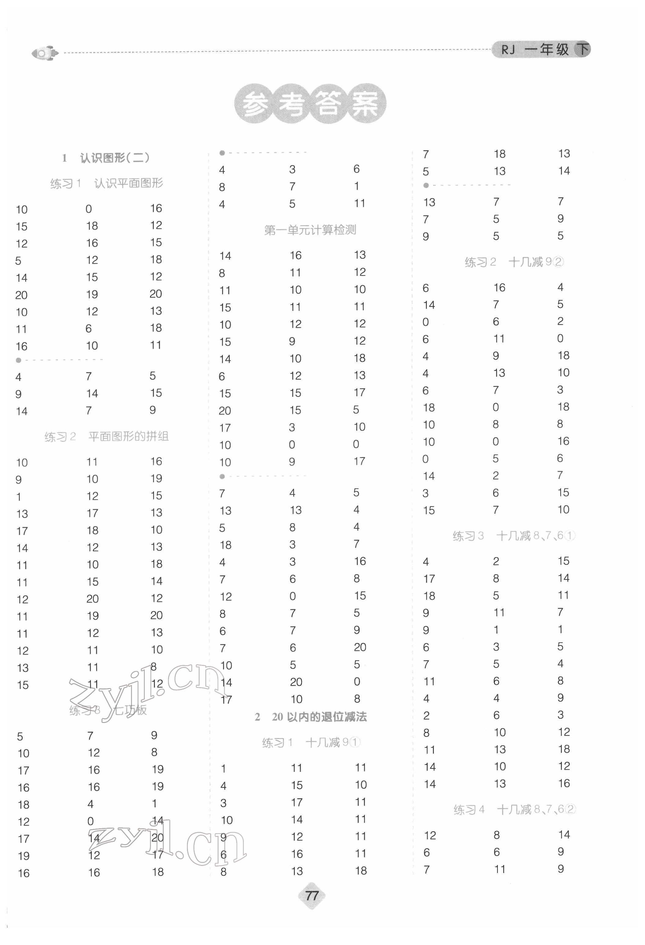 2022年口算題卡一年級數(shù)學下冊人教版 第1頁