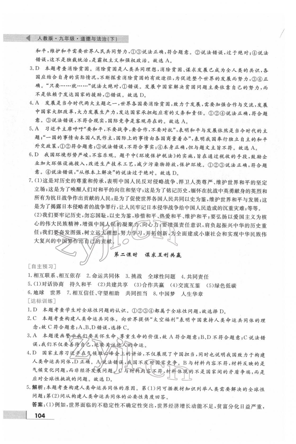 2022年名师点拨配套练习课时作业九年级道德与法治下册人教版 第4页