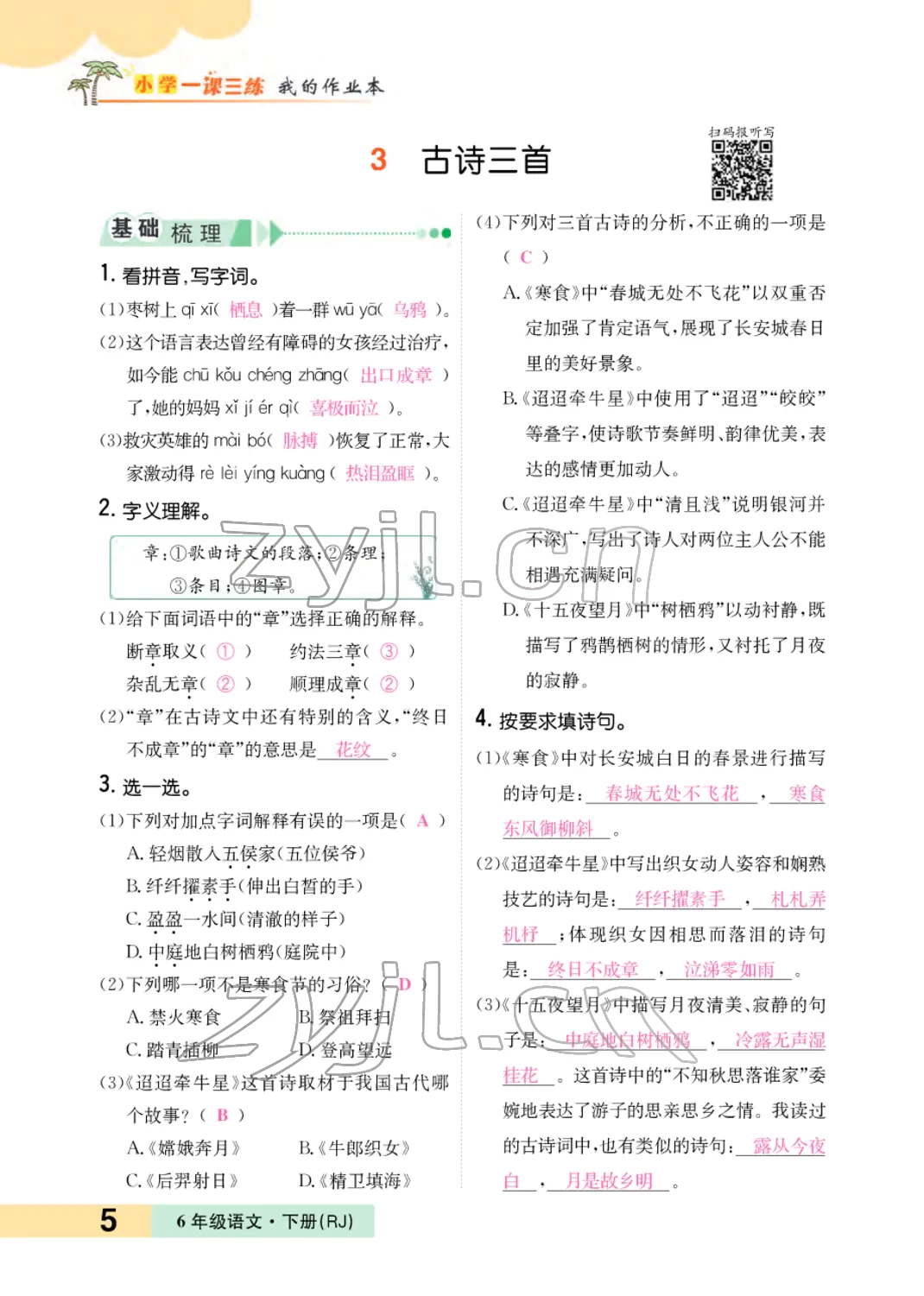 2022年小學(xué)一課三練我的作業(yè)本六年級語文下冊人教版 參考答案第8頁