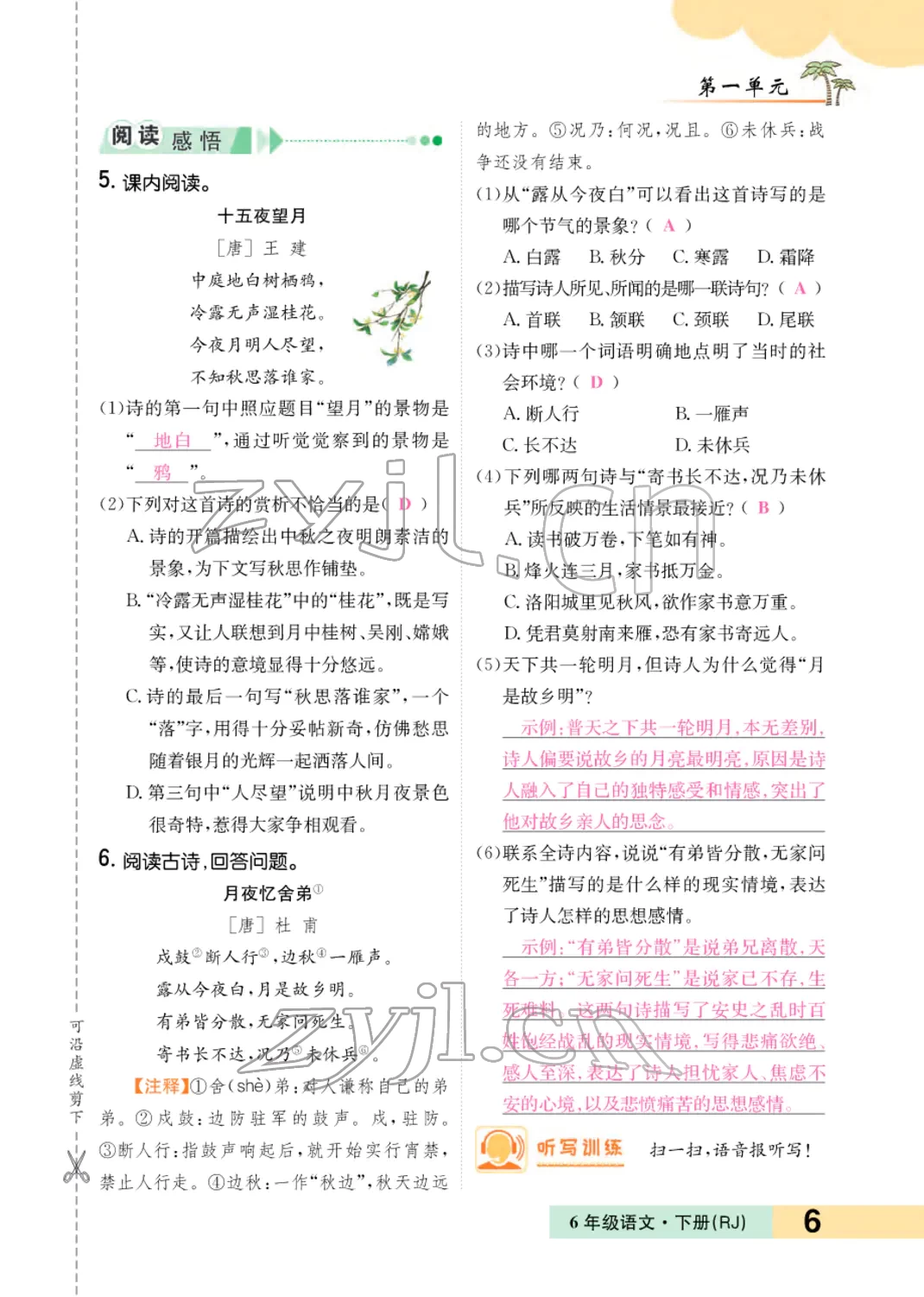 2022年小學(xué)一課三練我的作業(yè)本六年級語文下冊人教版 參考答案第10頁