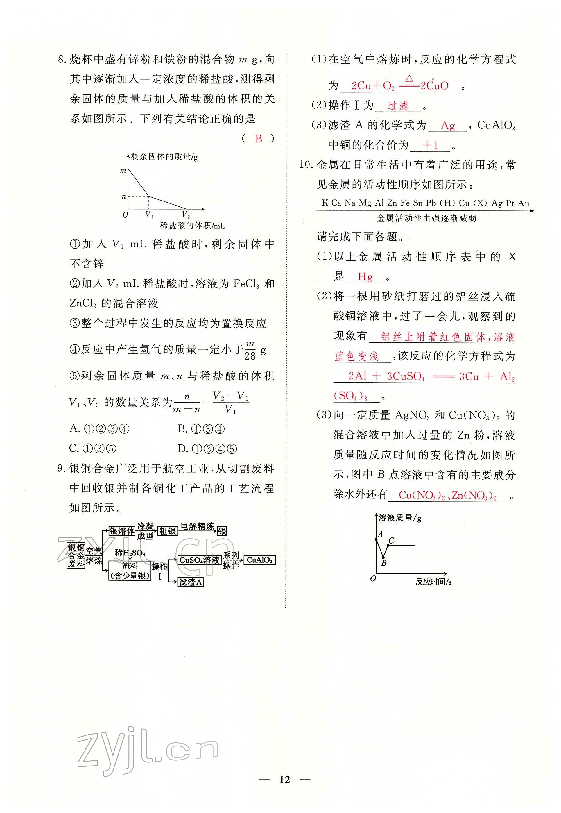 2022年一課一練創(chuàng)新練習(xí)九年級化學(xué)下冊人教版 參考答案第12頁