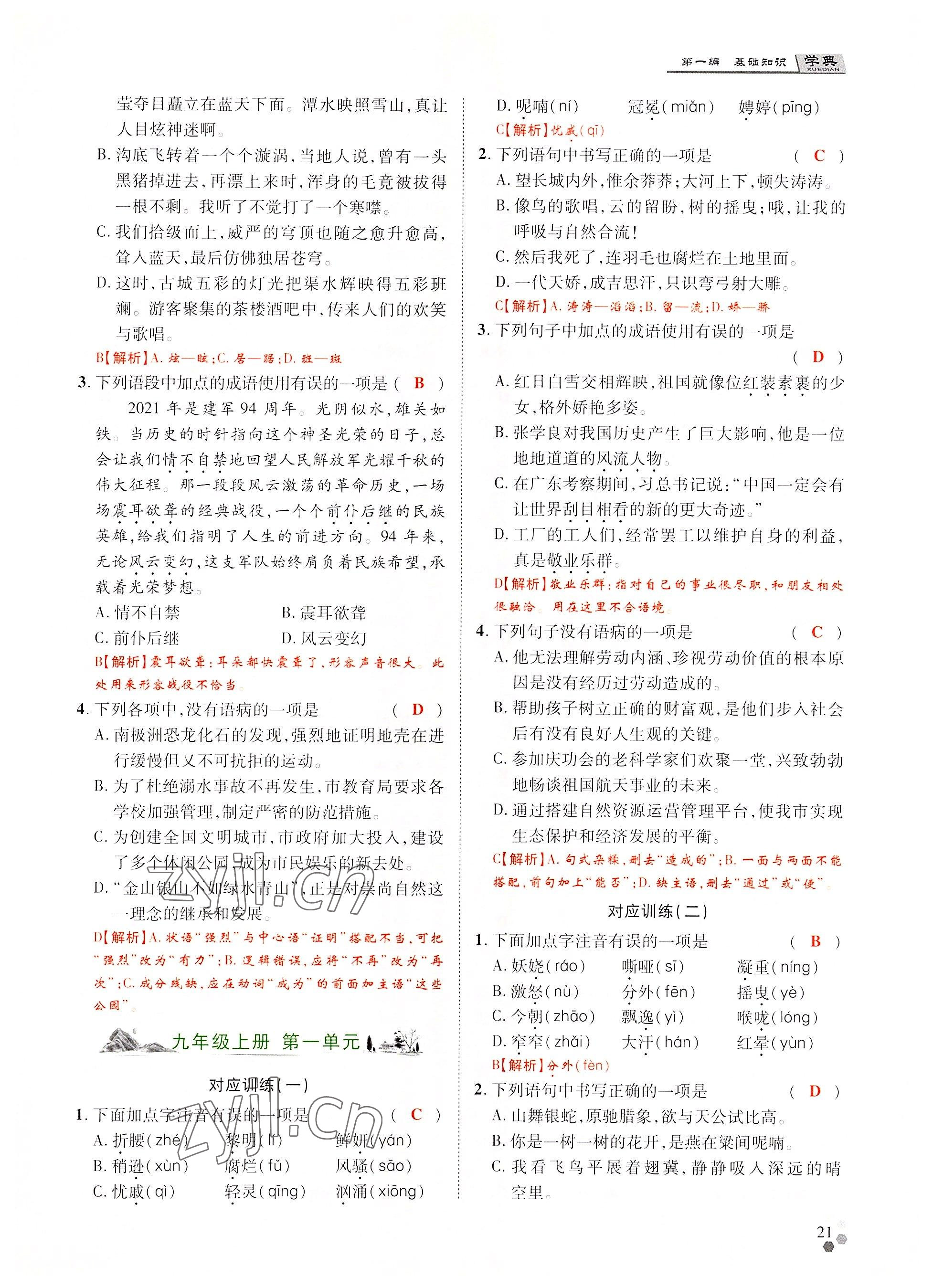 2022年學典中考名師A計劃語文 參考答案第21頁
