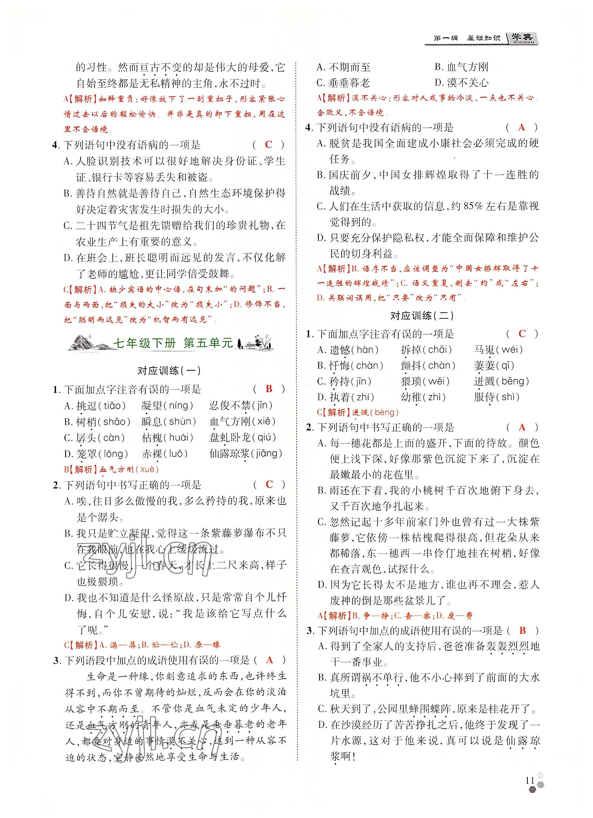 2022年學典中考名師A計劃語文 參考答案第11頁