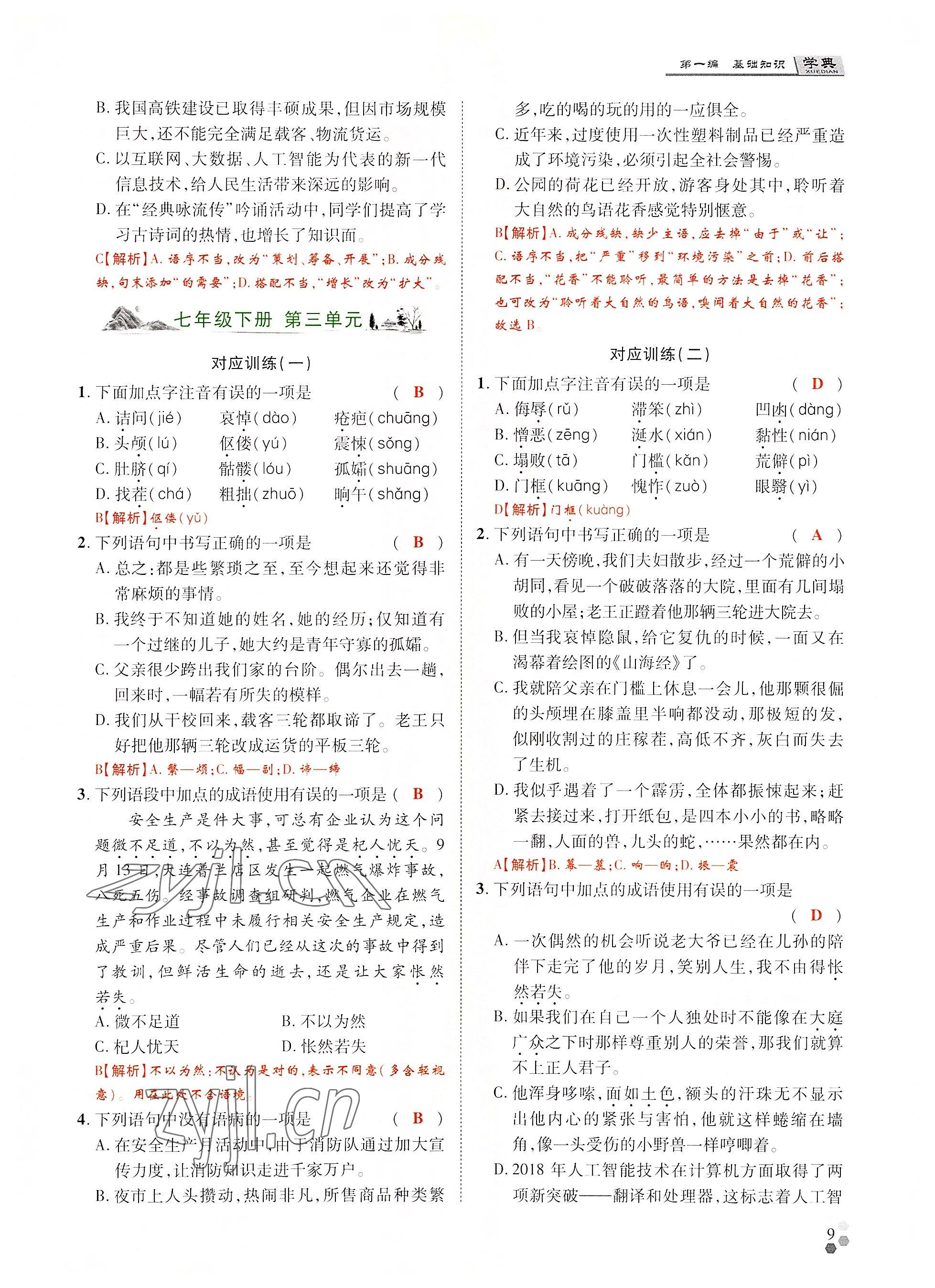 2022年學典中考名師A計劃語文 參考答案第9頁