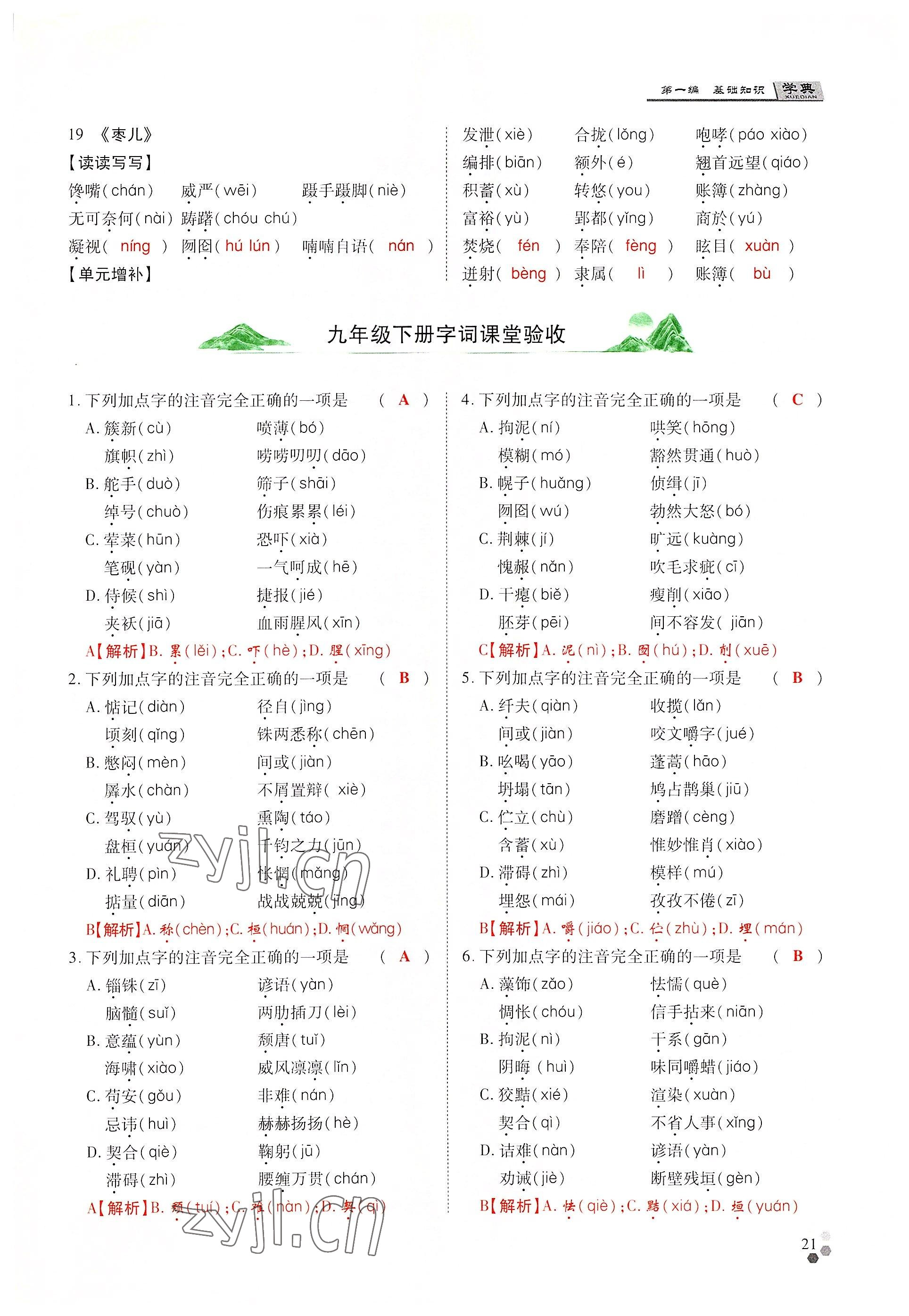 2022年學典中考名師A計劃語文 參考答案第21頁