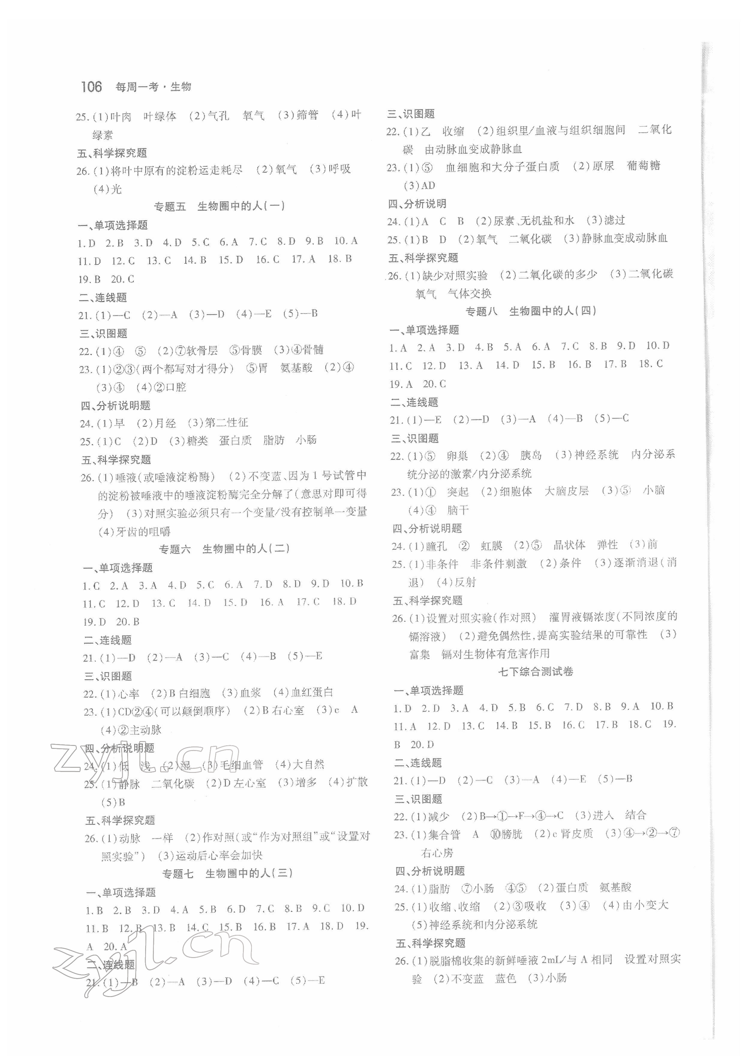 2022年名師堂中考系列試卷每周一考生物 參考答案第2頁