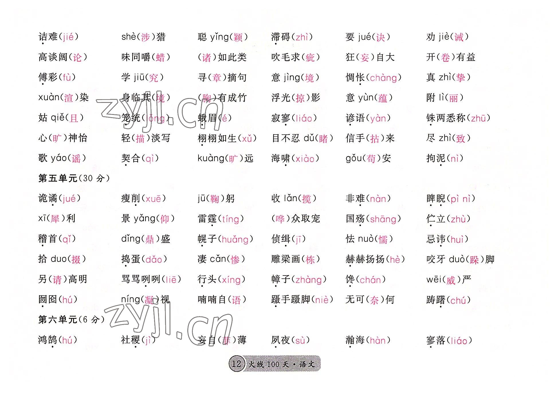 2022年火線100天語文中考黃岡孝感咸寧專版 參考答案第12頁
