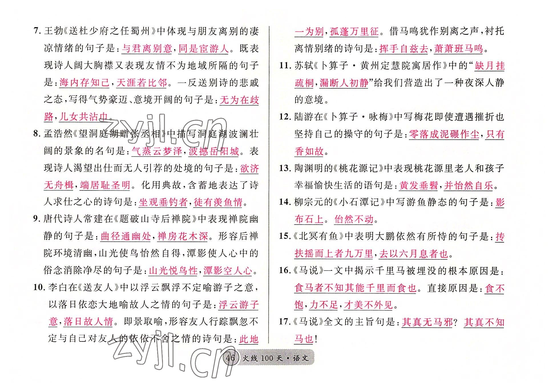 2022年火線100天語(yǔ)文中考黃岡孝感咸寧專版 參考答案第46頁(yè)