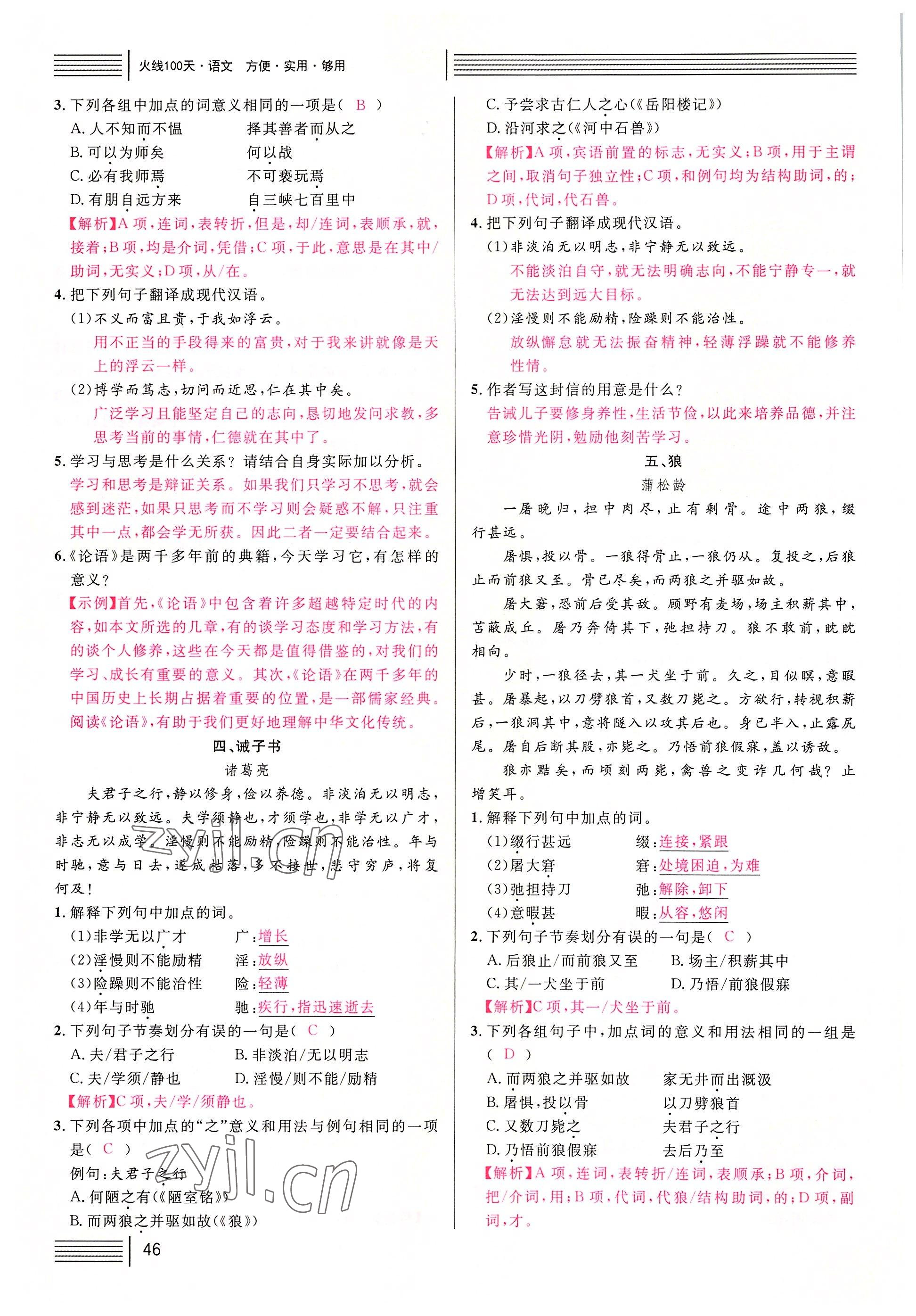 2022年火線100天語文中考黃岡孝感咸寧專版 參考答案第46頁