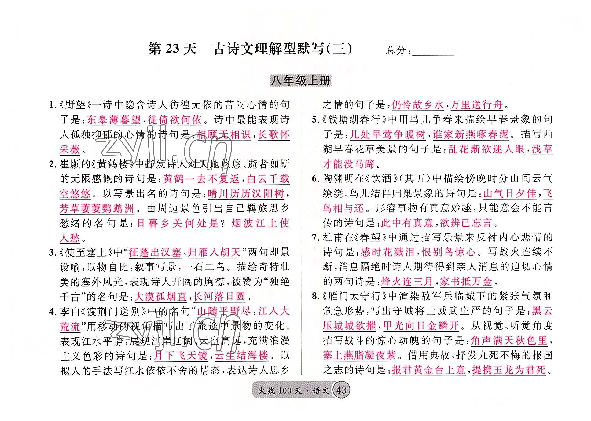 2022年火線100天語文中考黃岡孝感咸寧專版 參考答案第43頁