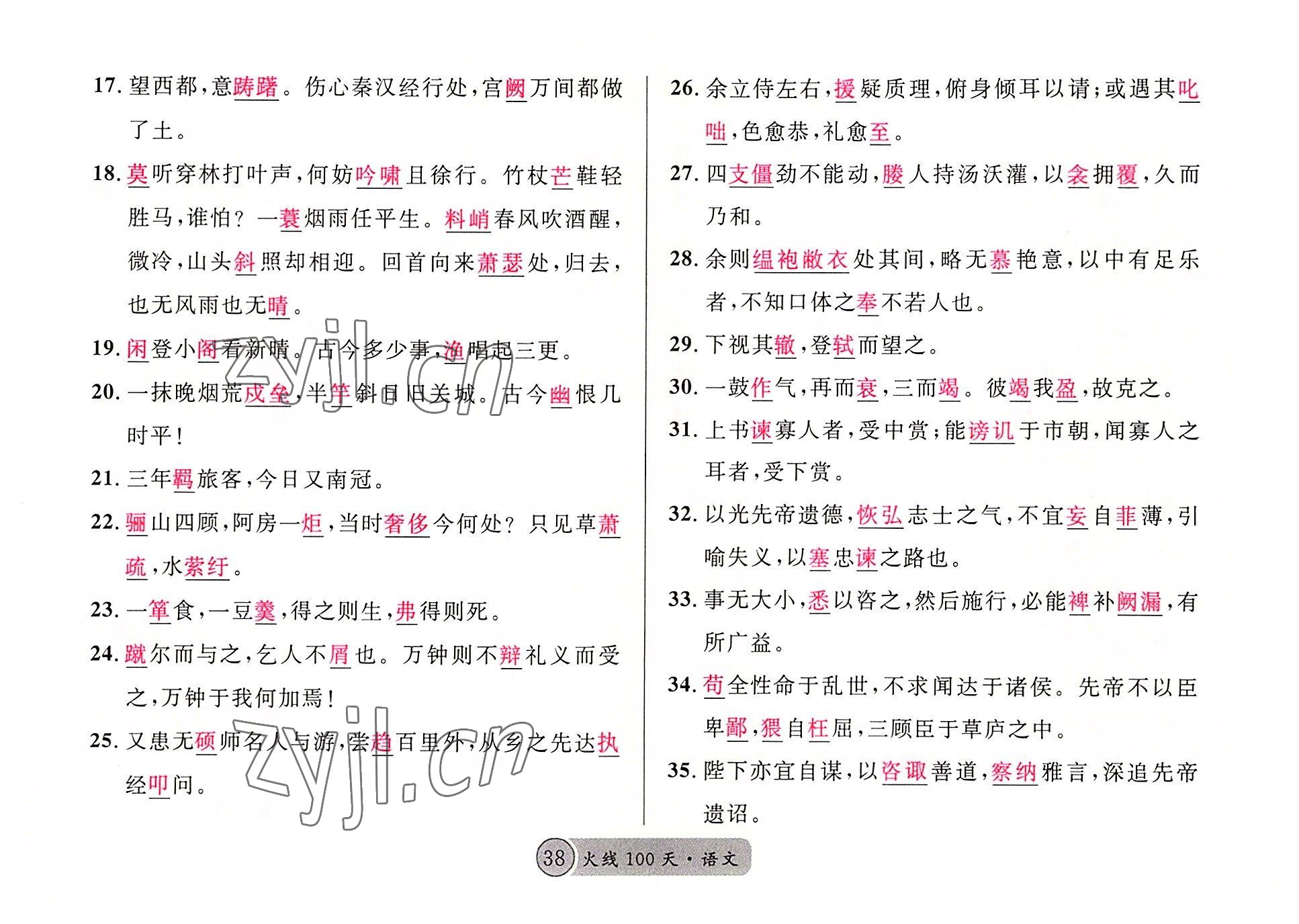 2022年火線100天語文中考黃岡孝感咸寧專版 參考答案第38頁