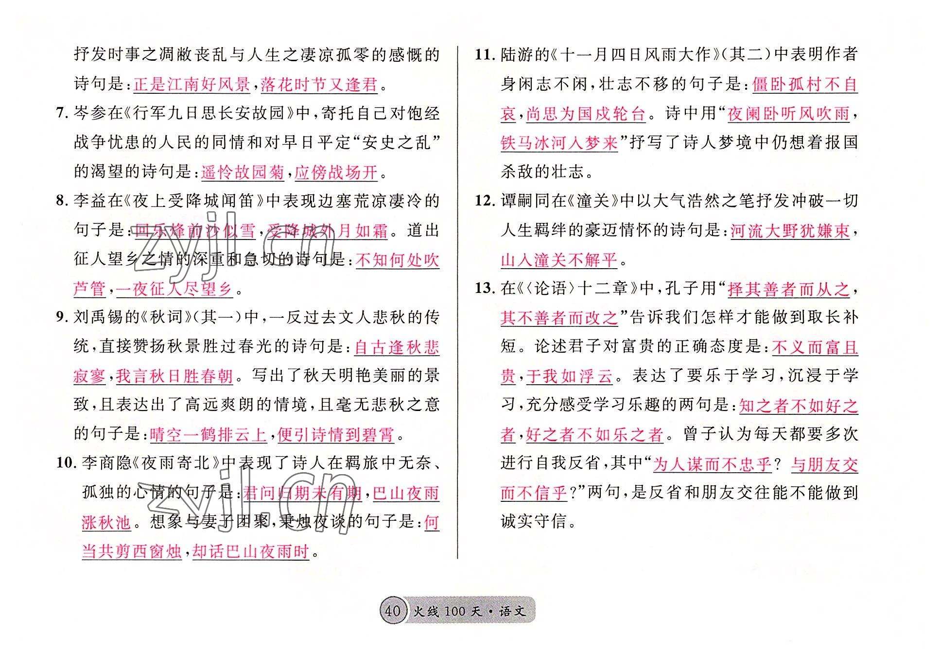 2022年火線100天語文中考黃岡孝感咸寧專版 參考答案第40頁