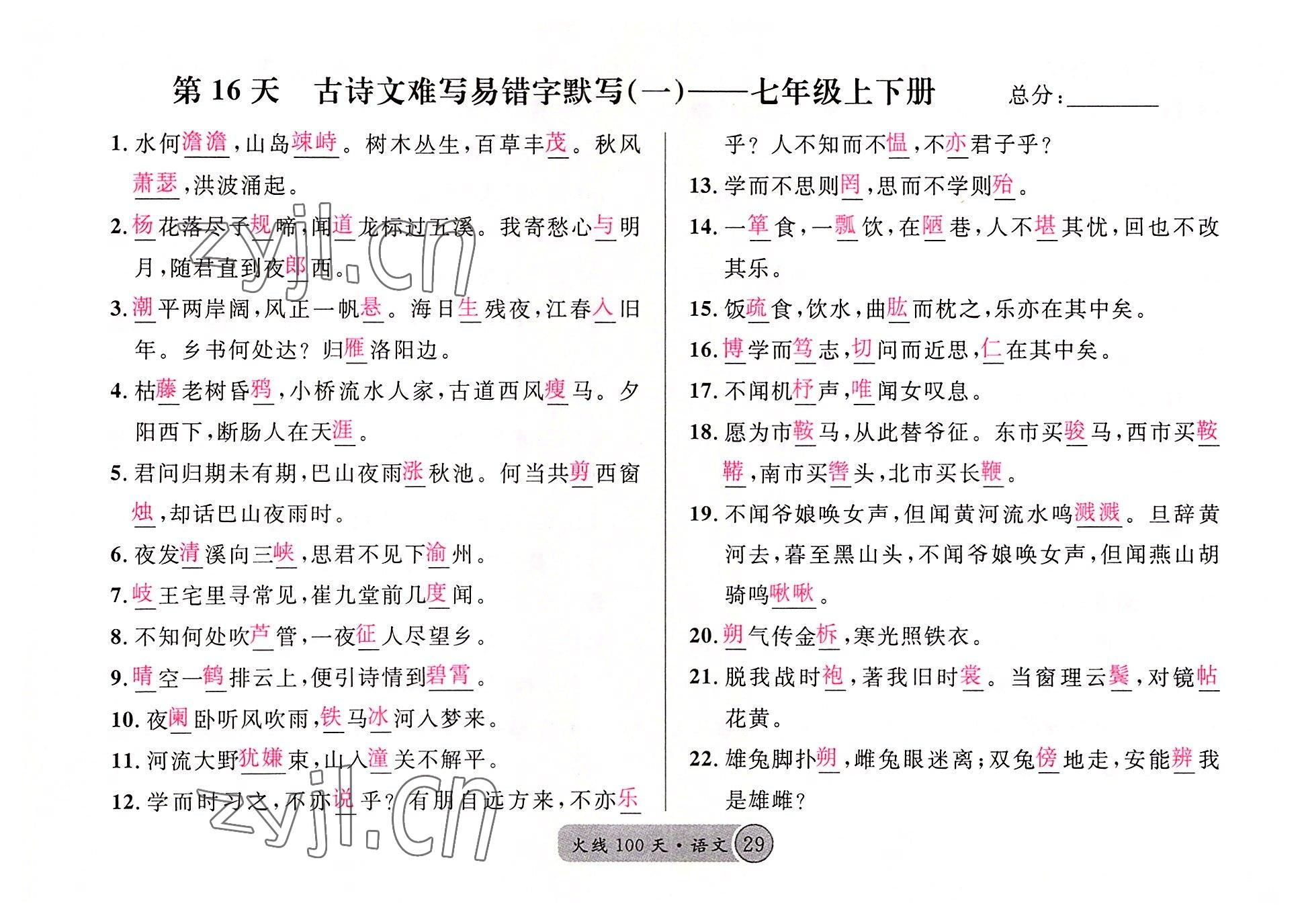 2022年火線100天語(yǔ)文中考黃岡孝感咸寧專版 參考答案第29頁(yè)
