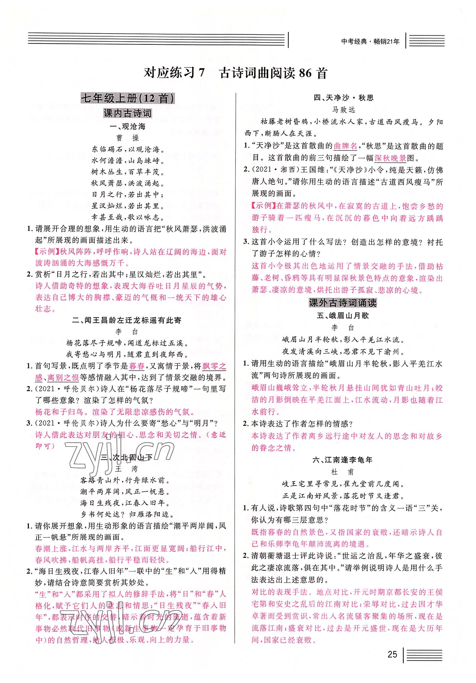 2022年火線100天語文中考黃岡孝感咸寧專版 參考答案第25頁