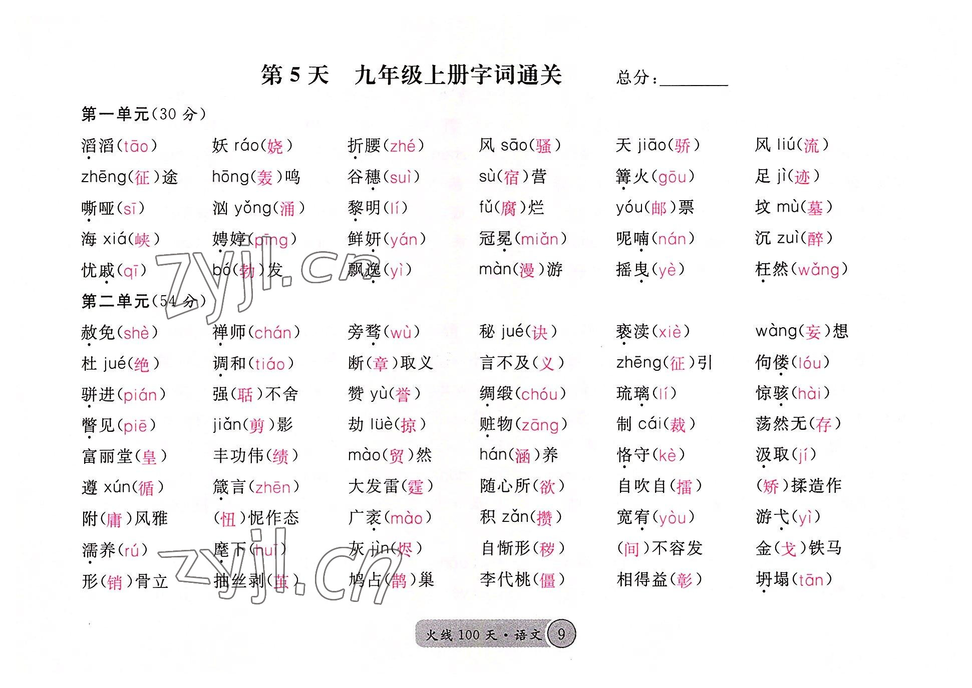 2022年火線100天語文中考黃岡孝感咸寧專版 參考答案第9頁