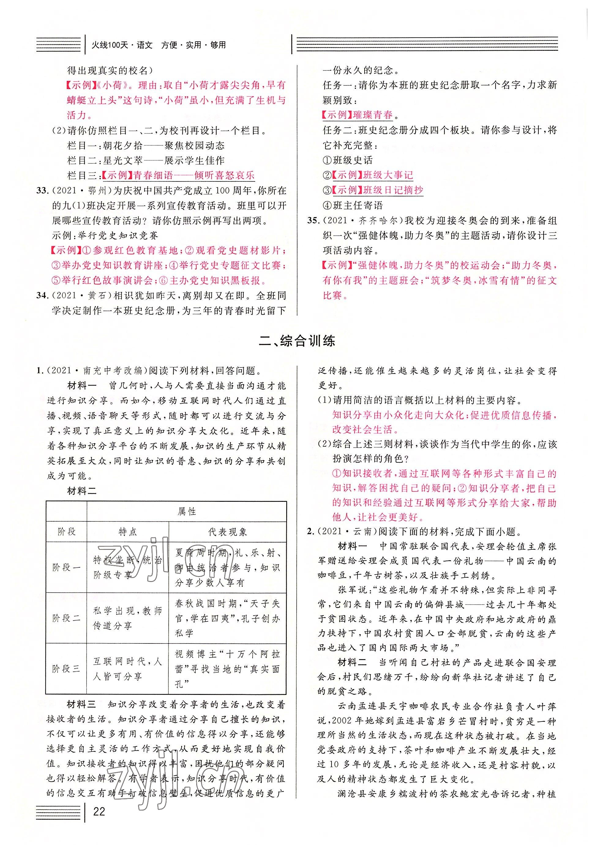 2022年火線100天語文中考黃岡孝感咸寧專版 參考答案第22頁