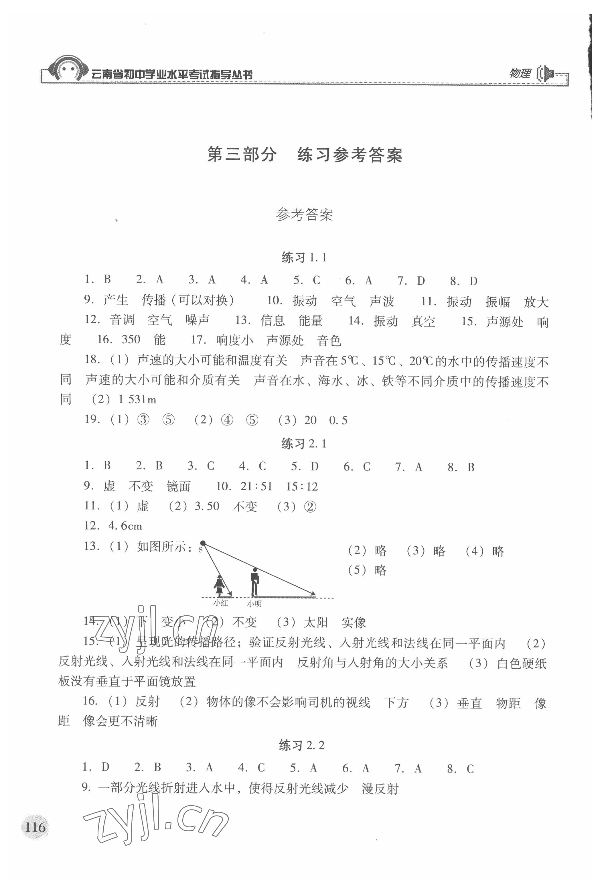 2022年云南省初中學(xué)業(yè)水平考試指導(dǎo)叢書物理中考 參考答案第1頁