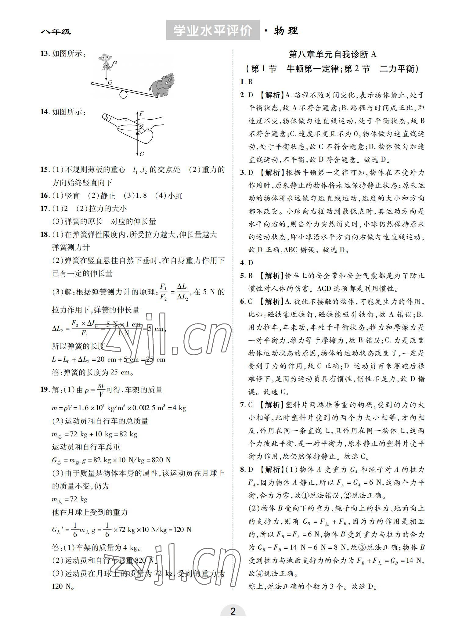 2022年學(xué)業(yè)水平評(píng)價(jià)同步檢測(cè)卷八年級(jí)物理下冊(cè)人教版 參考答案第2頁