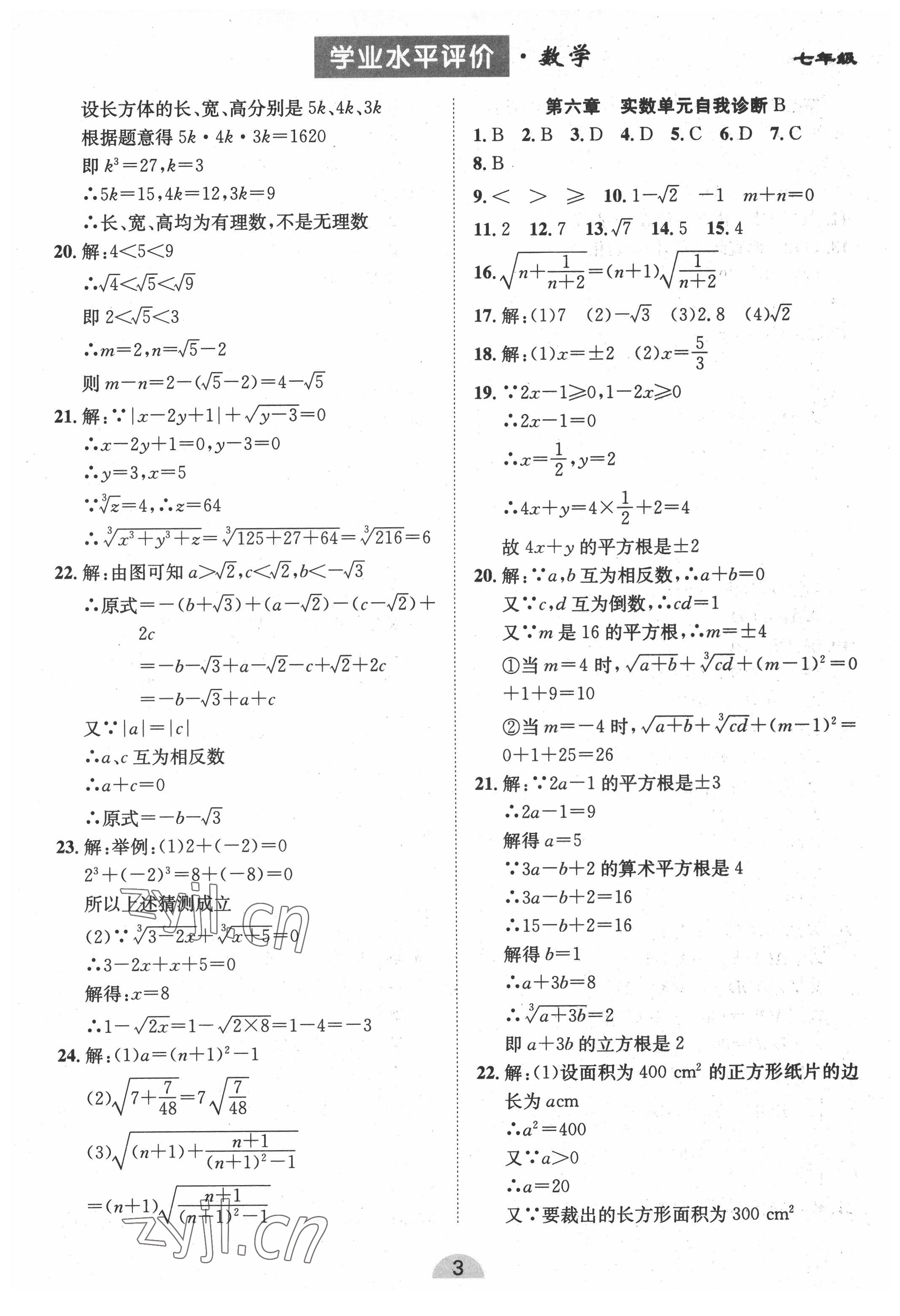 2022年學業水平評價同步檢測卷七年級數學下冊人教版 參考答案第3頁