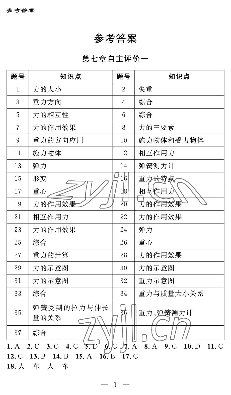 2022年智慧課堂自主評價八年級物理下冊人教版 參考答案第1頁