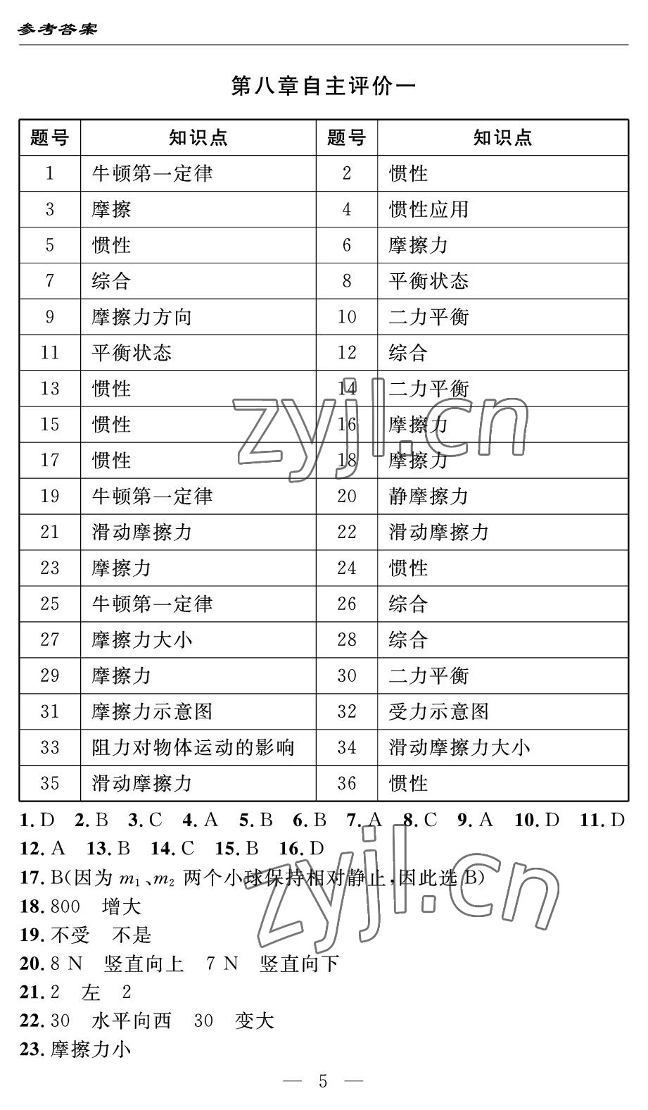 2022年智慧課堂自主評(píng)價(jià)八年級(jí)物理下冊(cè)人教版 參考答案第5頁(yè)