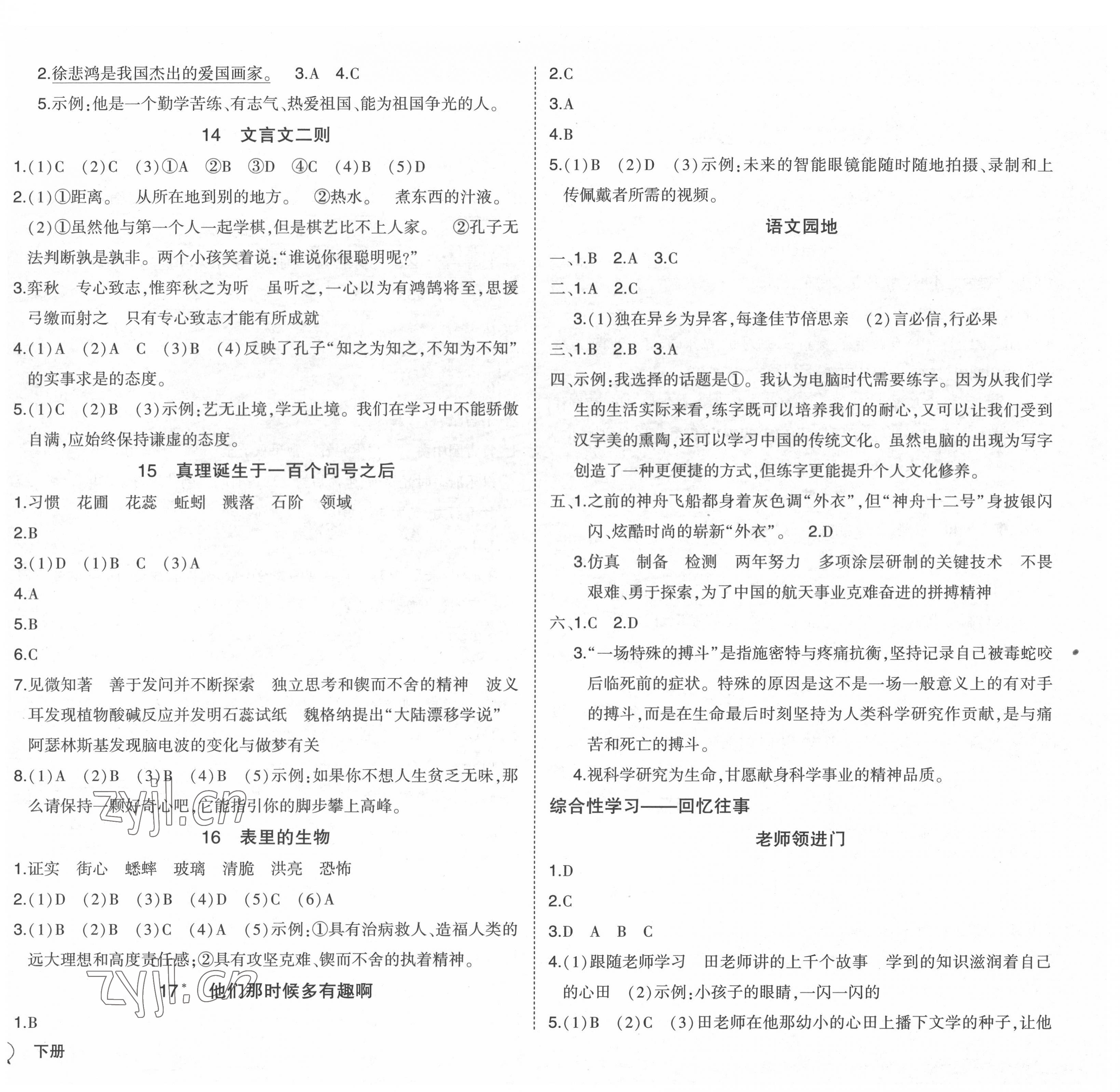 2022年黄冈状元成才路状元作业本六年级语文下册人教版福建专版 参考答案第4页