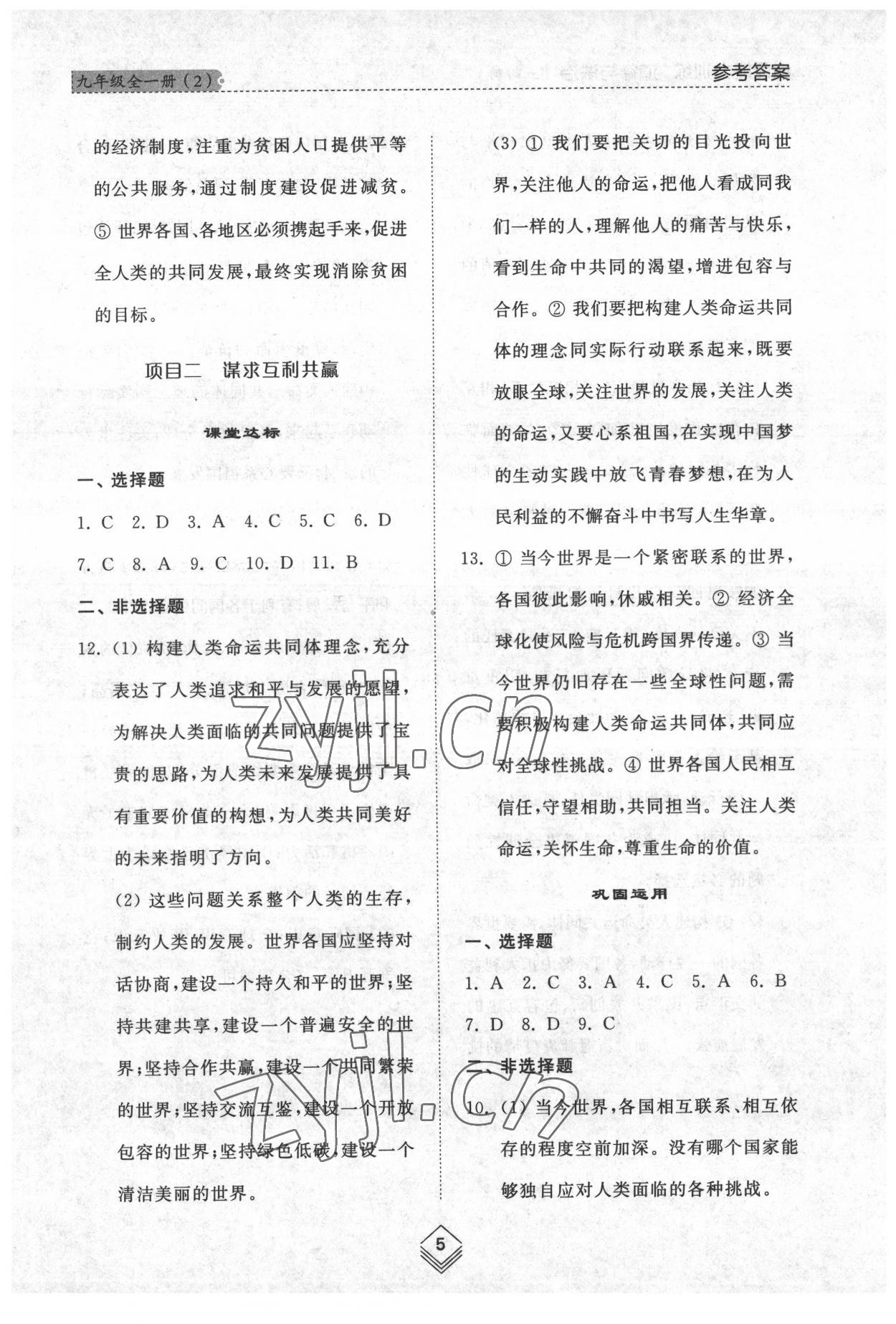 2022年綜合能力訓(xùn)練九年級道德與法治全一冊2人教版五四制 參考答案第5頁