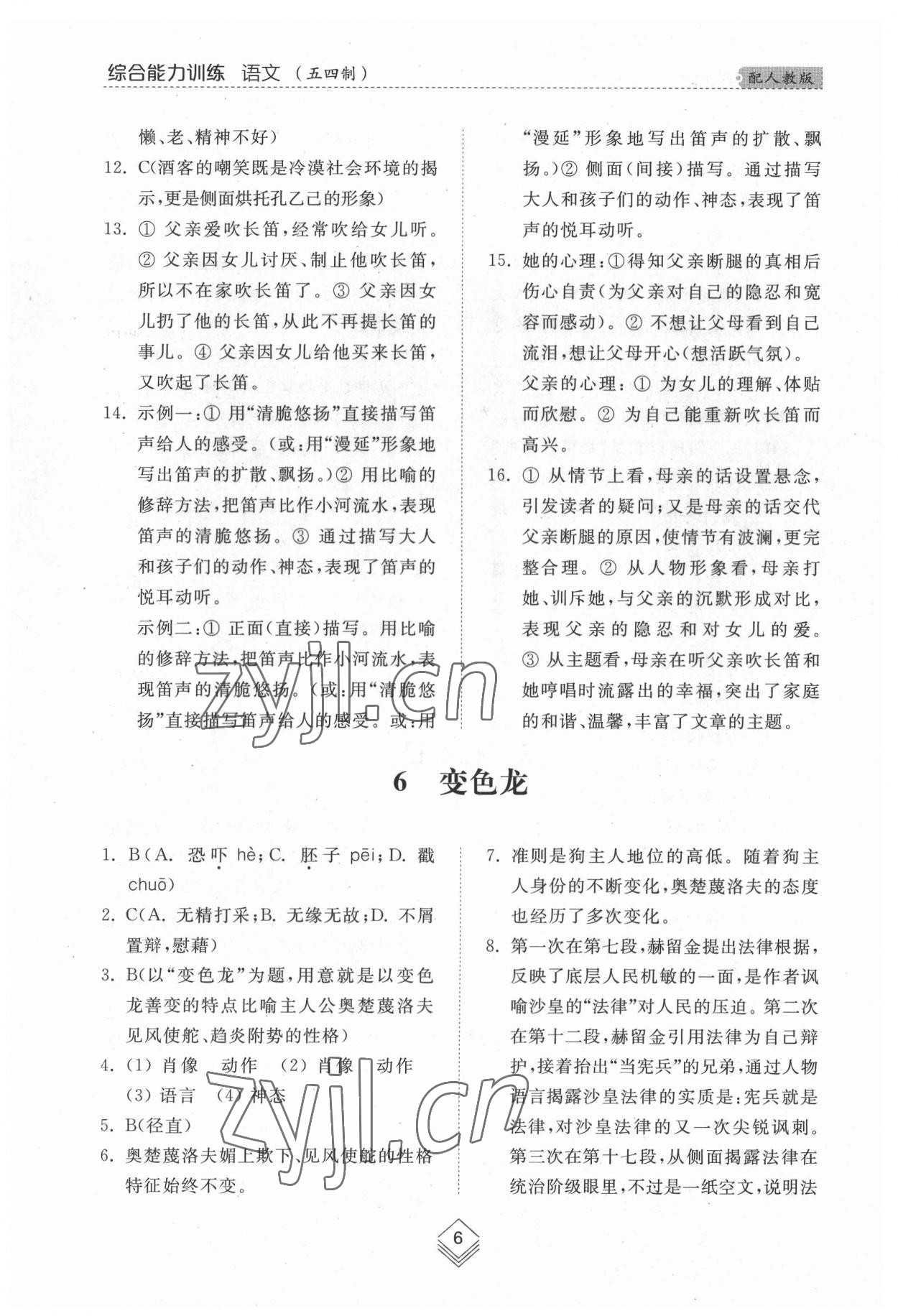 2022年綜合能力訓練九年級語文全一冊2人教版五四制 參考答案第6頁