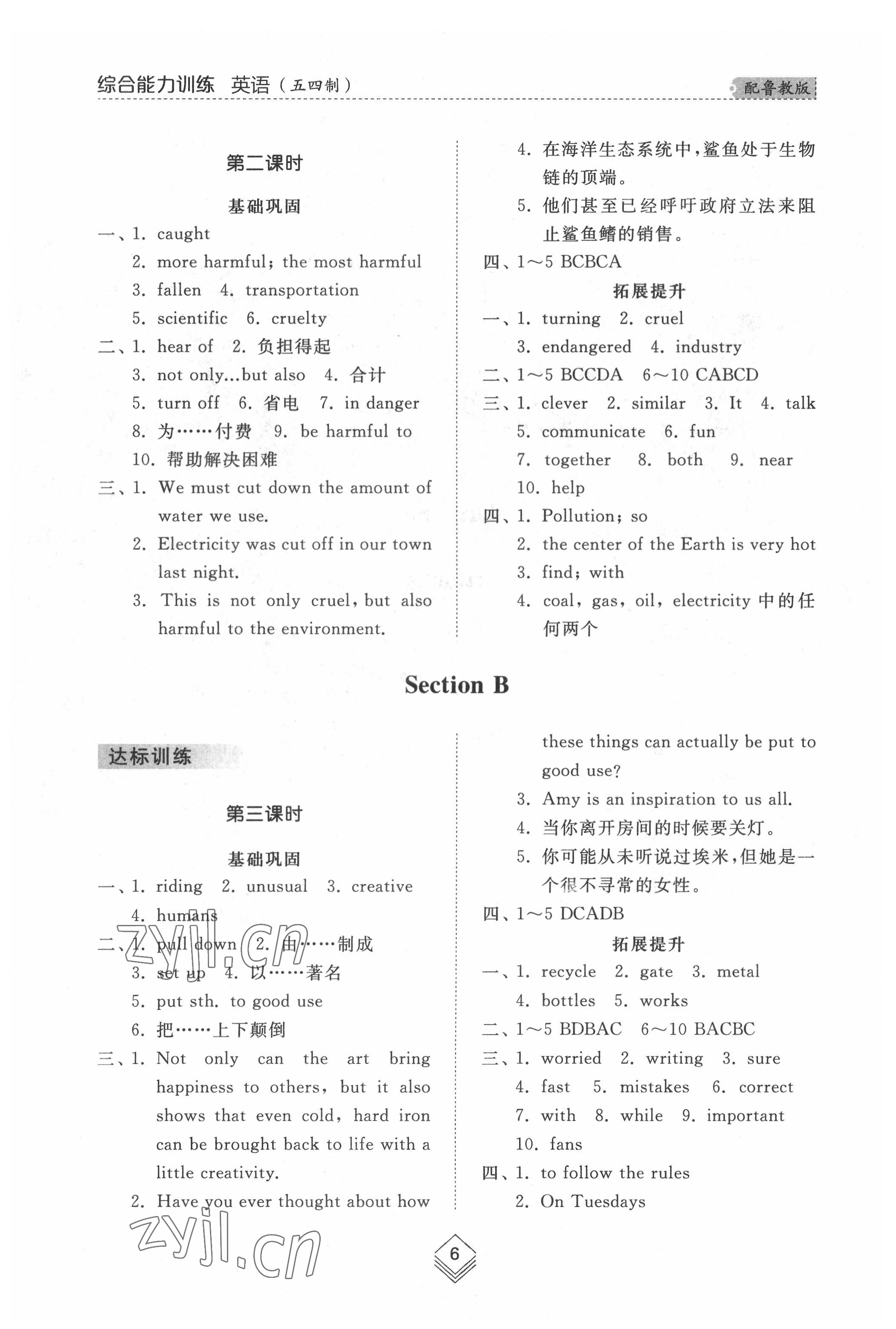 2022年综合能力训练九年级英语全一册2鲁教版五四制 参考答案第5页