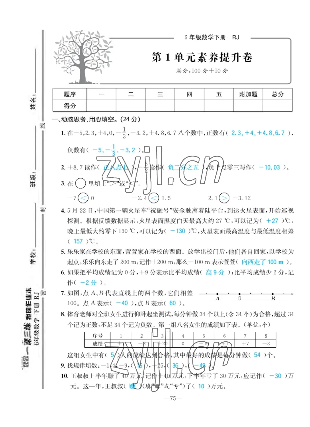 2022年小學(xué)一課三練我的作業(yè)本六年級(jí)數(shù)學(xué)下冊(cè)人教版 第1頁(yè)