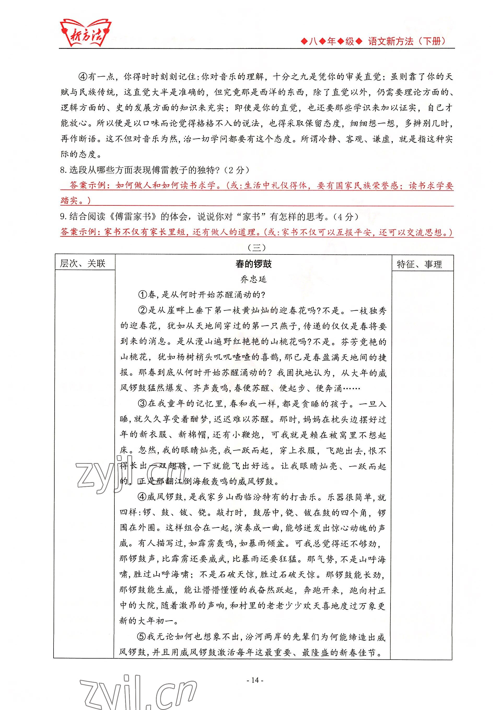 2022年新方法八年級語文人教版 參考答案第14頁