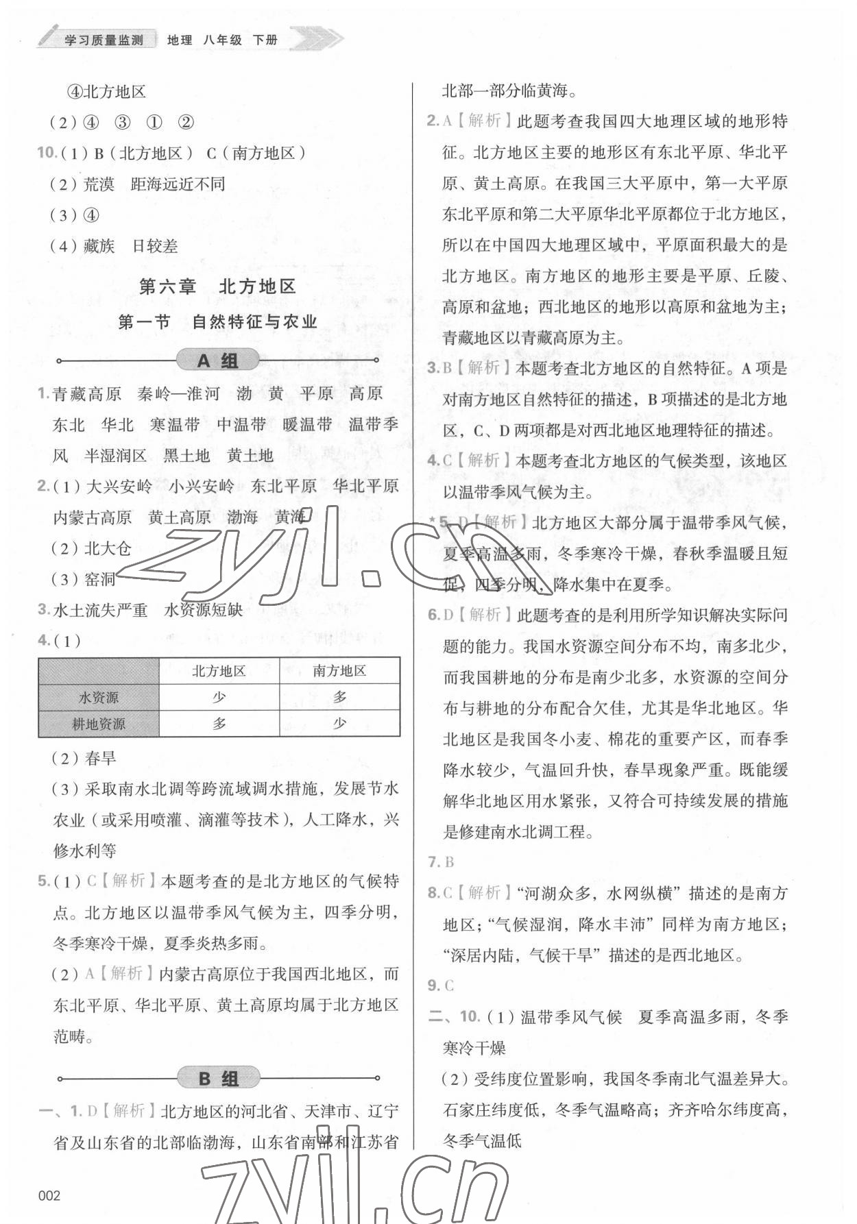 2022年學(xué)習(xí)質(zhì)量監(jiān)測(cè)八年級(jí)地理下冊(cè)人教版 參考答案第2頁(yè)