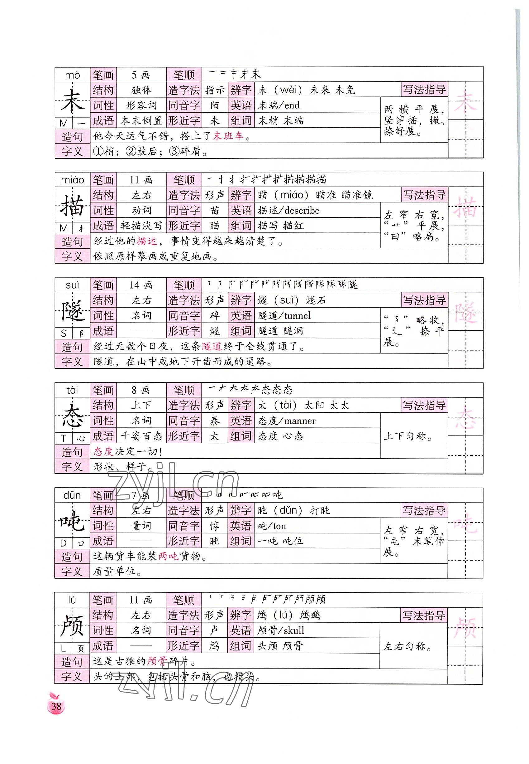 2022年小学生词语手册云南教育出版社四年级语文下册人教版 参考答案第38页