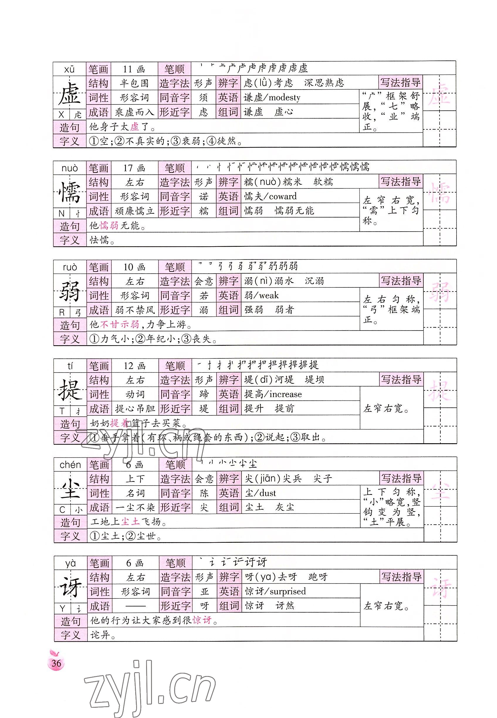 2022年小学生词语手册云南教育出版社三年级语文下册人教版 参考答案第36页